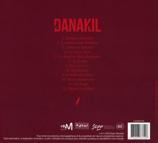 Rückseite eines CD-Covers mit dem Bandnamen DANAKIL und einer Titelliste.