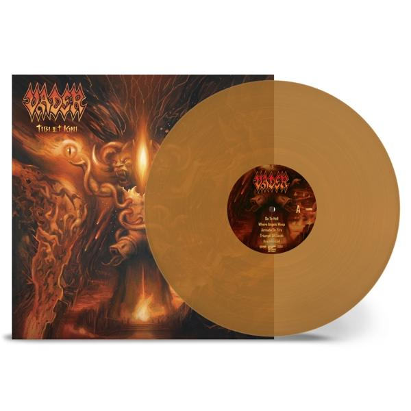 Albumcover mit brauner Vinyl-Schallplatte und dunklem, feurigem Hintergrund. Der Bandname ist 'Vader'.