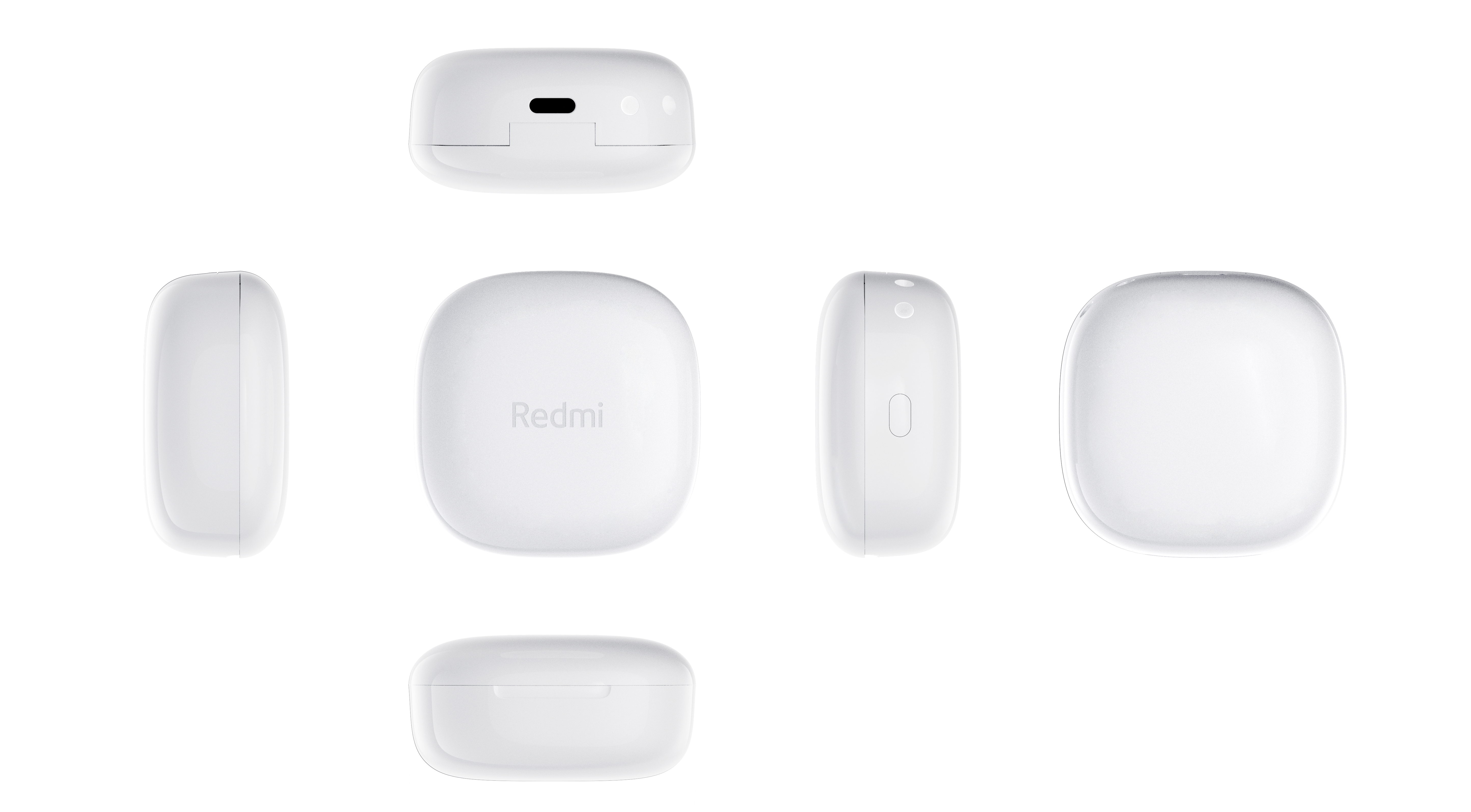 Beyaz Redmi kulaklık kılıfı birden fazla görünümde. Üst, yan, ön ve alt perspektifleri içerir.