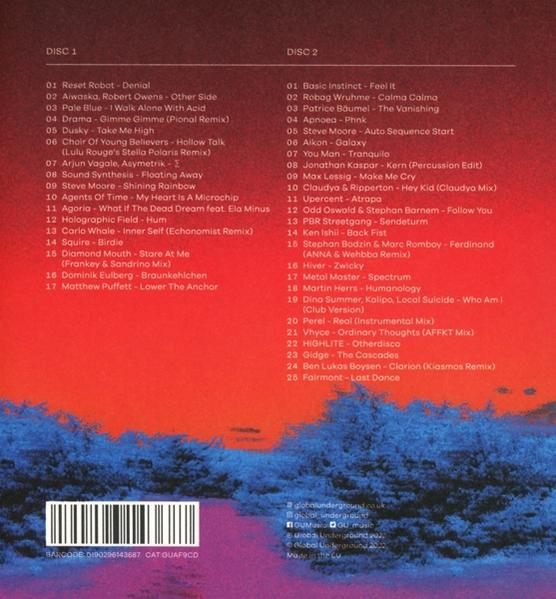 Eine Liste von Musiktiteln mit zwei Spalten auf rotem und violettem Hintergrund.