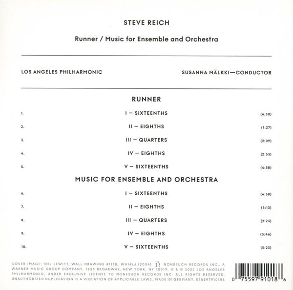 Ein CD-Cover für Steve Reichs Runner. Das Cover listet Tracks und Credits auf.
