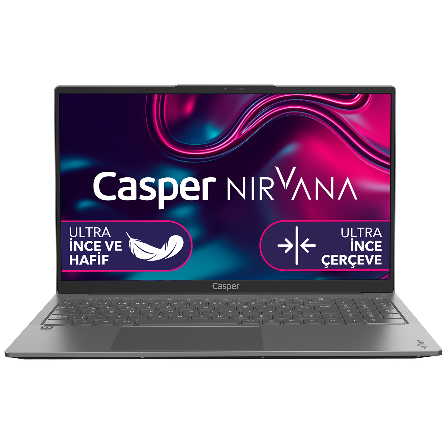 Renkli ekranlı gümüş dizüstü bilgisayar, Casper Nirvana logosu, siyah zemin üzerinde.