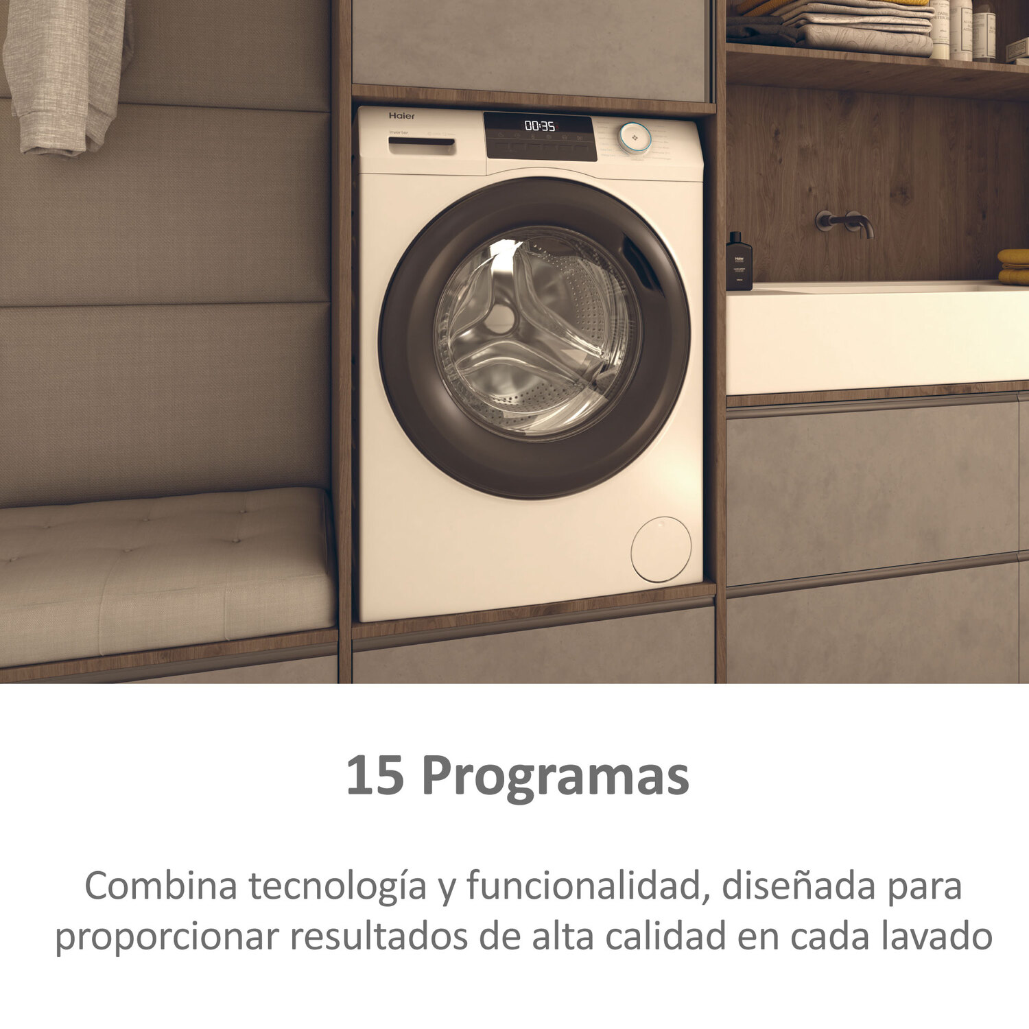 Una lavadora dentro de un armario. Máquina blanca, puerta negra e interior oscuro.
