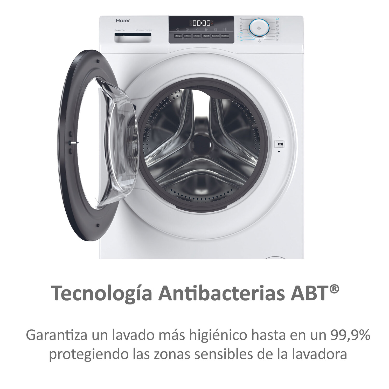 Puerta de lavadora blanca abierta. Texto: Tecnología antibacteriana ABT.