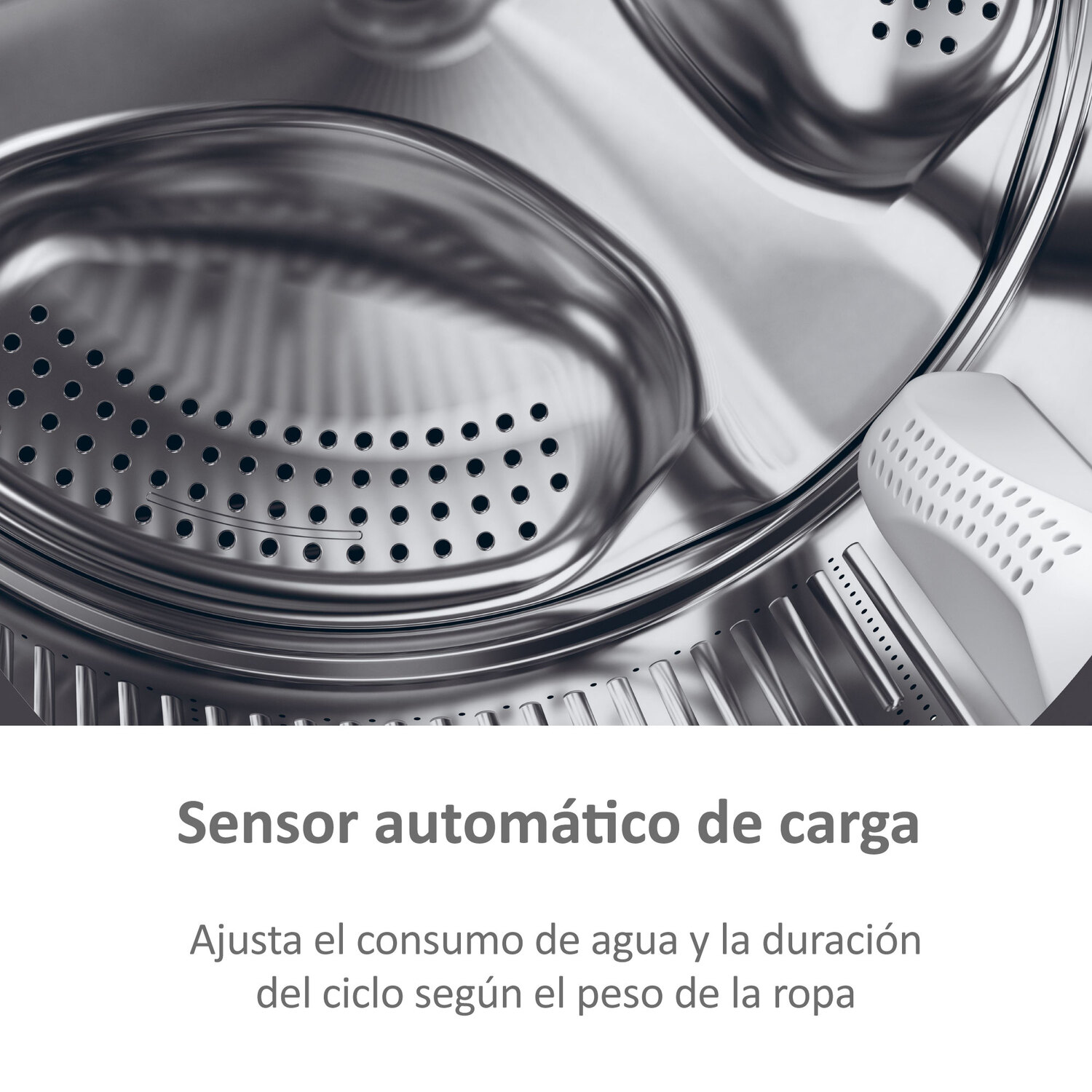 Interior de lavadora con texto: 'Sensor automático de carga'.