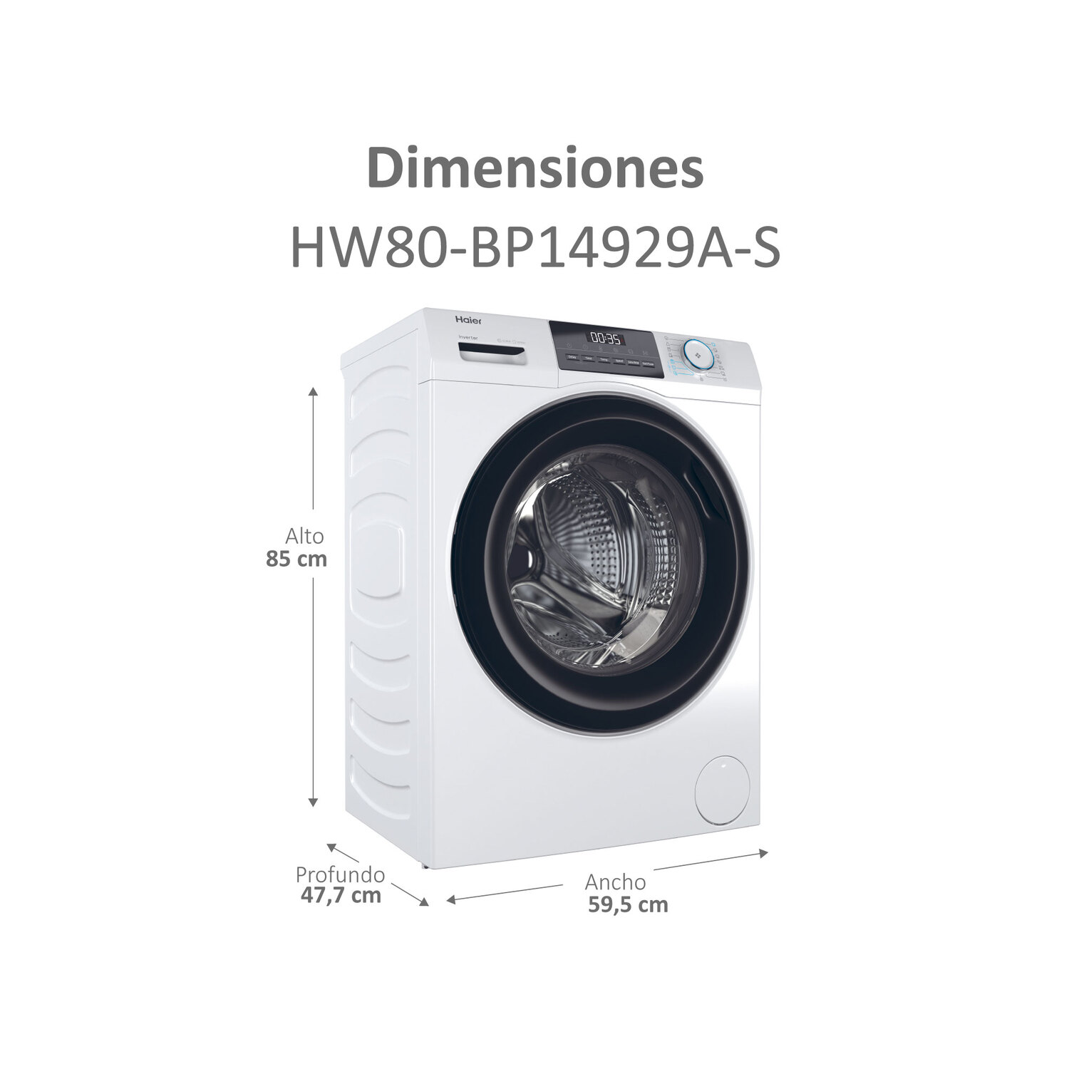 Lavadora blanca con dimensiones mostradas, sobre un fondo blanco.