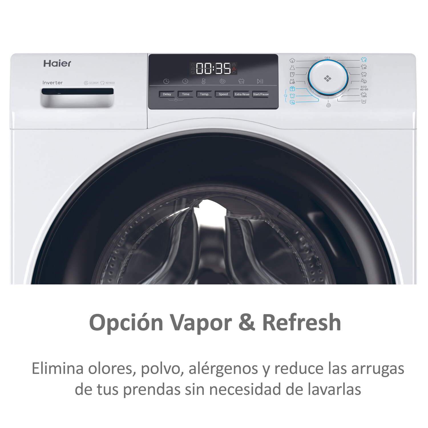 Lavadora blanca con pantalla digital y panel de control.