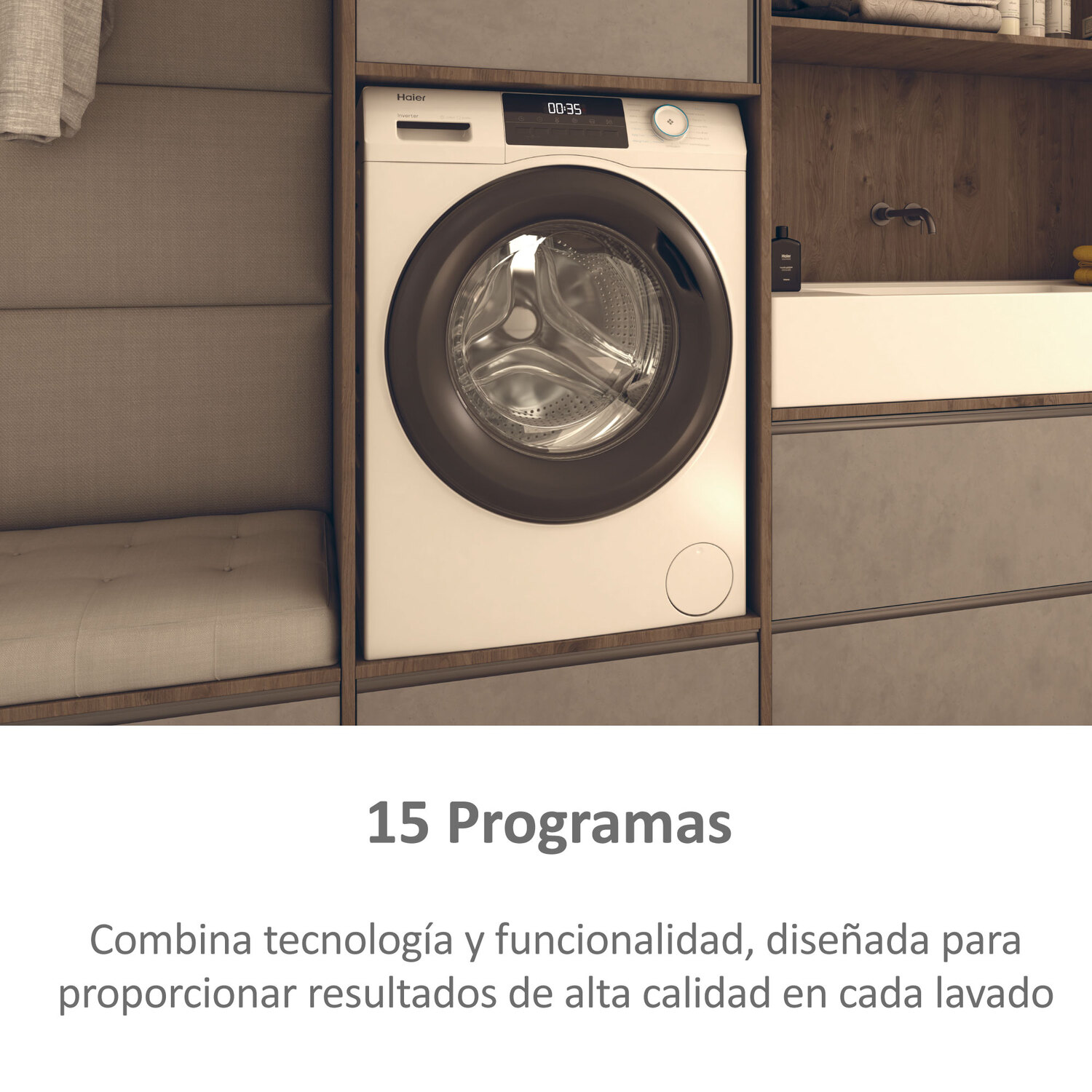 Una lavadora en un armario, con texto que describe sus características.