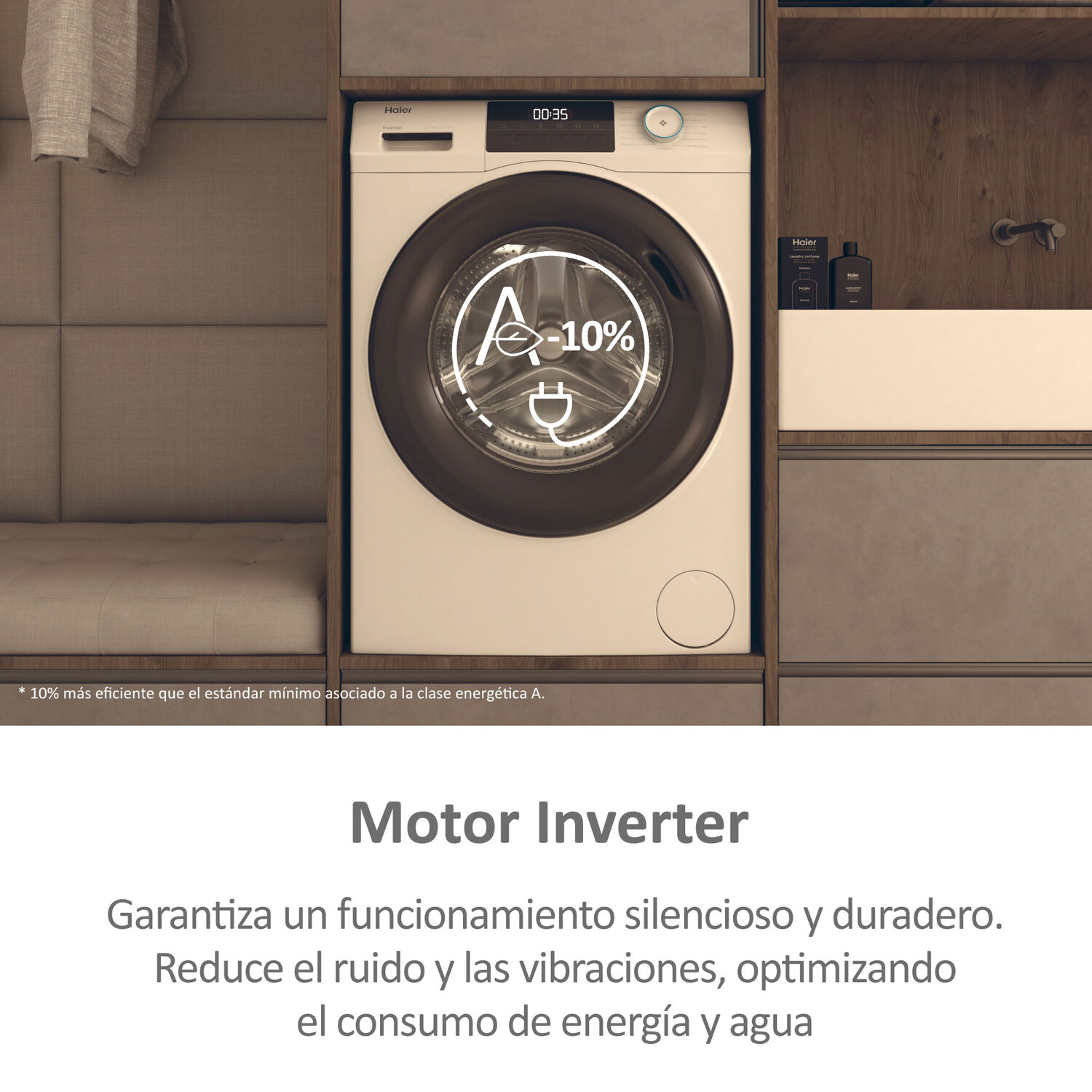 Lavadora blanca en un armario de madera, etiqueta de eficiencia energética muestra A-10% en un círculo.