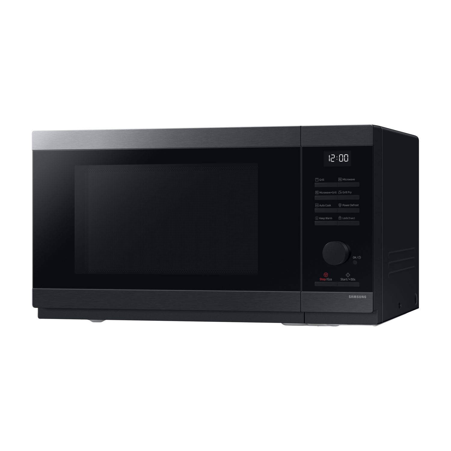 Un forno a microonde nero con display digitale su sfondo bianco.