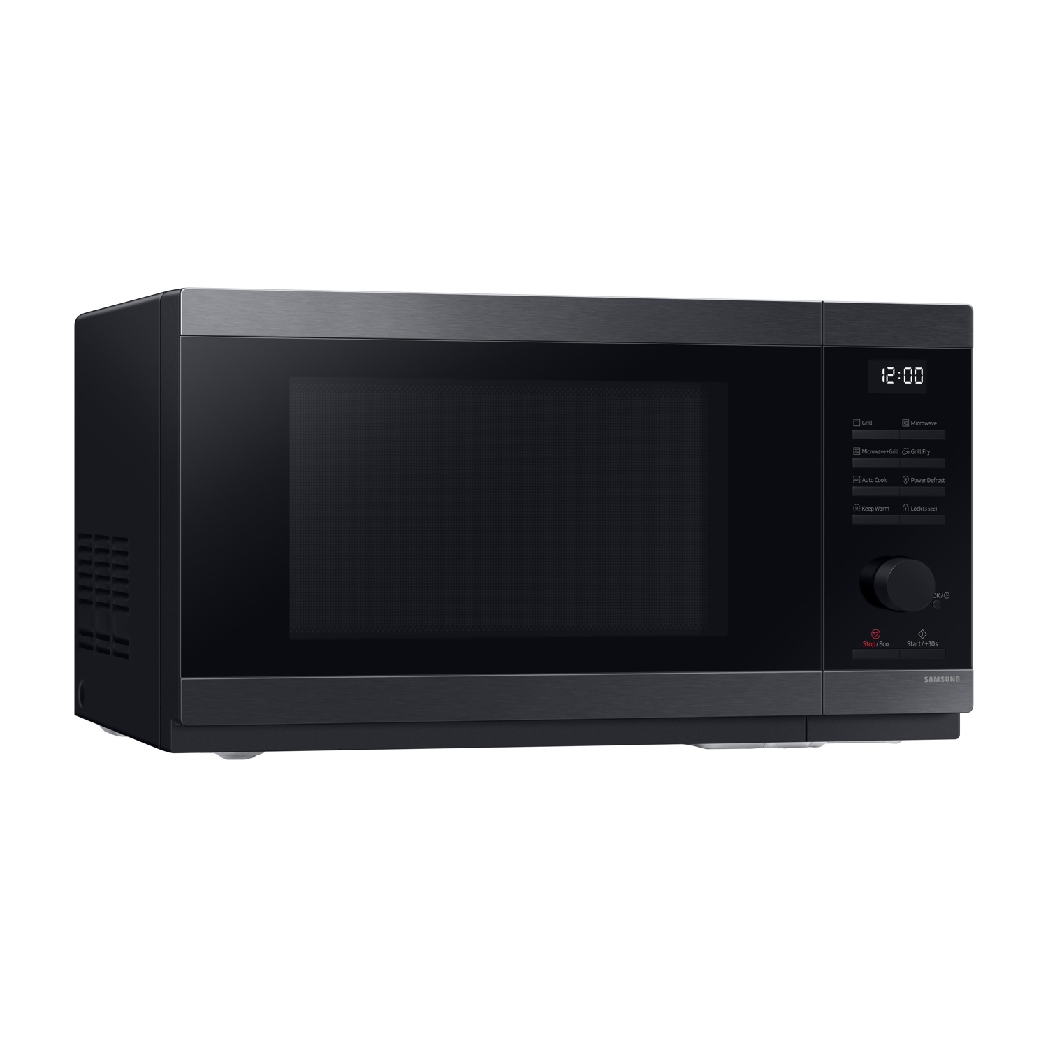 Un forno a microonde nero con un orologio digitale e un pannello di controllo.