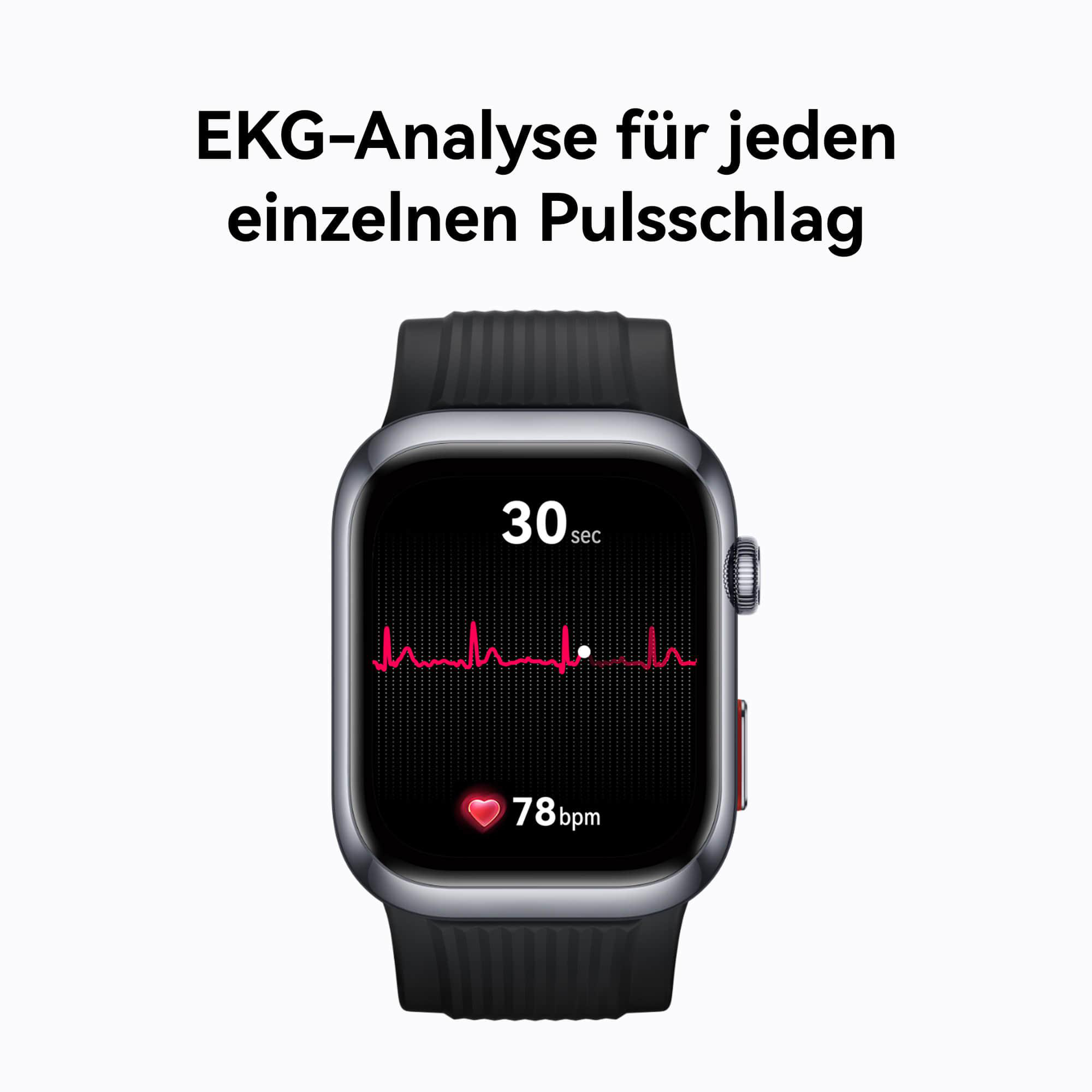 Eine Smartwatch, die ein EKG-Diagramm und eine Herzfrequenz von 78 bpm anzeigt. Schwarzes Armband.