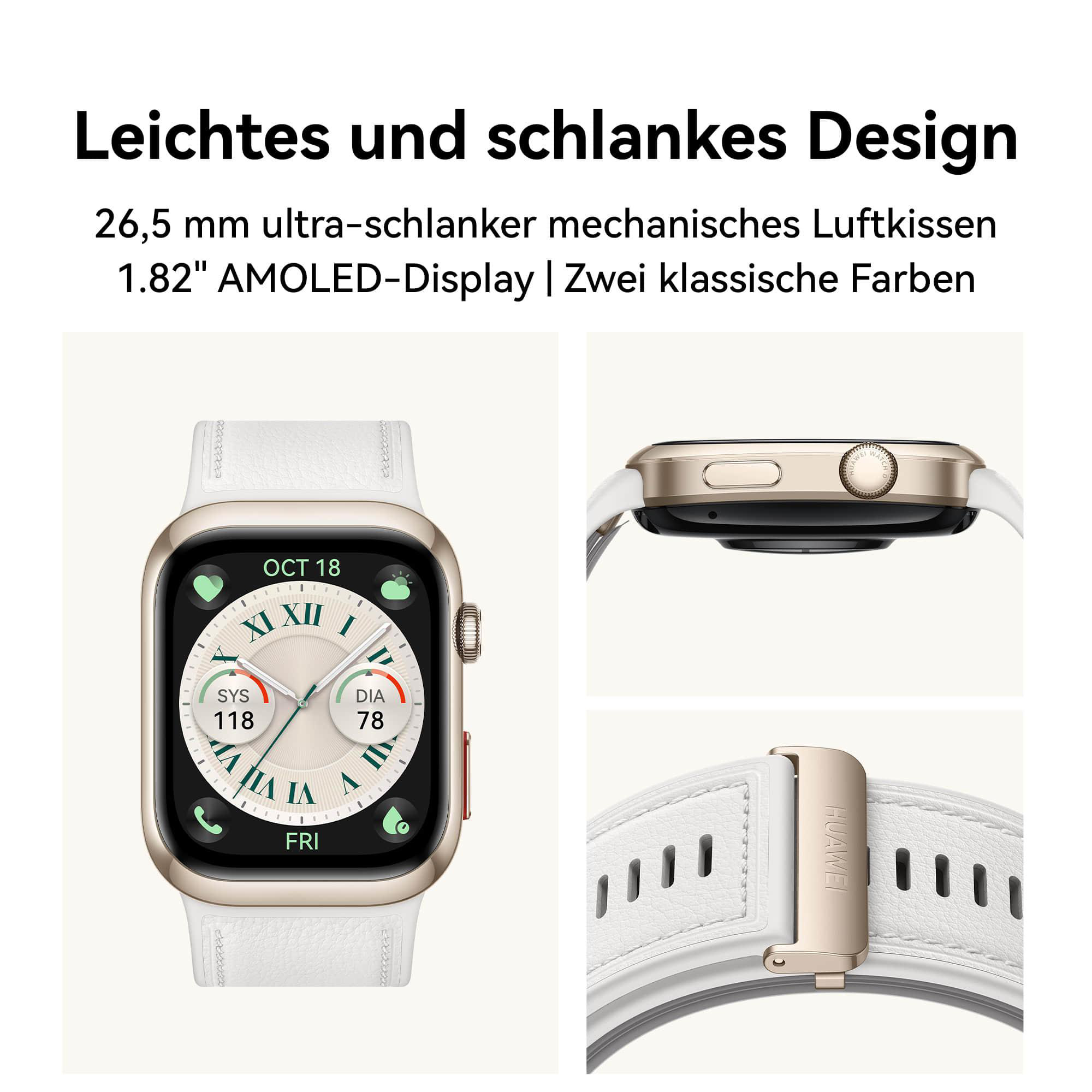 Goldene Smartwatch mit weißem Armband. Enthält Nahaufnahmen und Text.