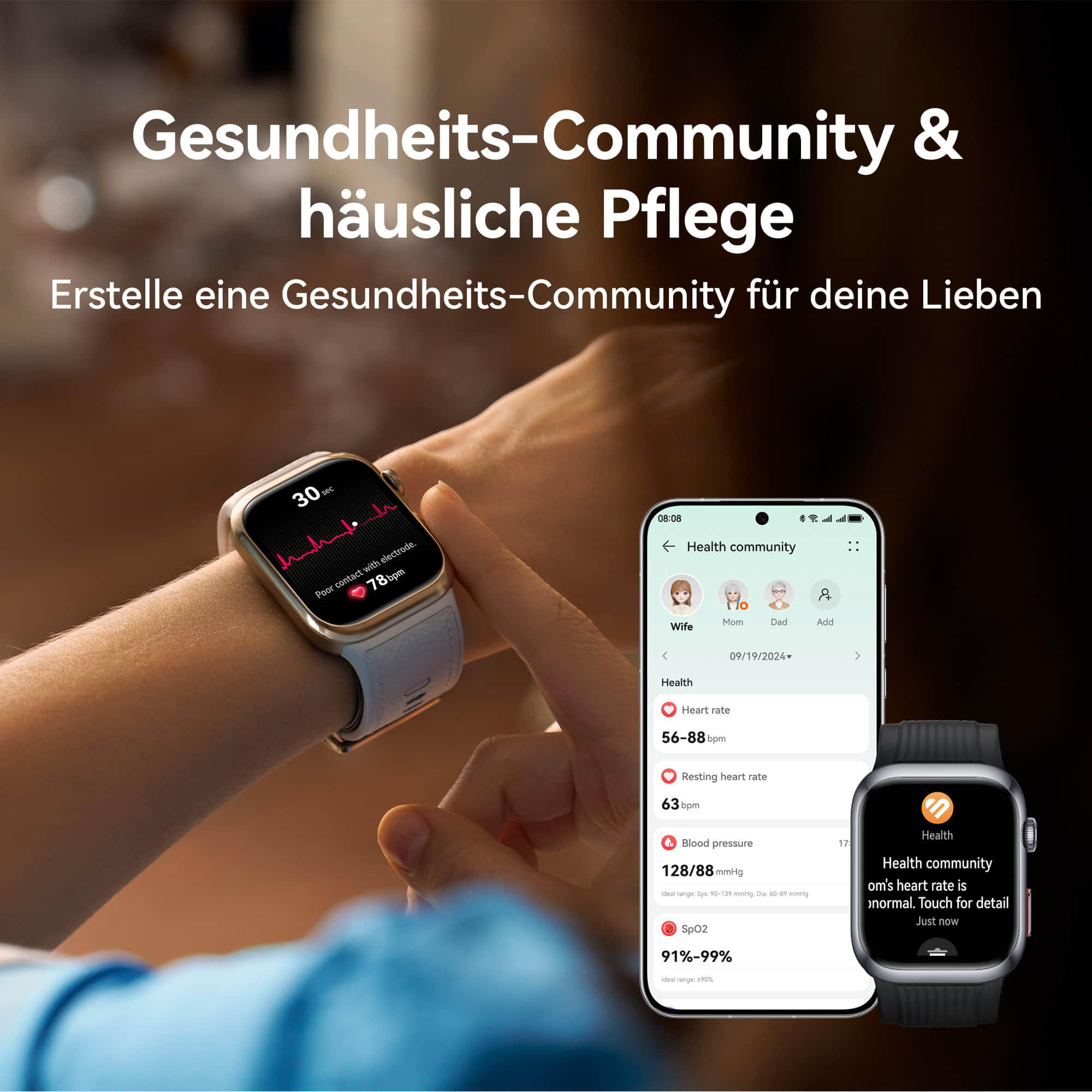 Das Handgelenk einer Person mit einer Smartwatch, die Gesundheitsdaten anzeigt, und ein Smartphone, das eine Gesundheits-App zeigt.