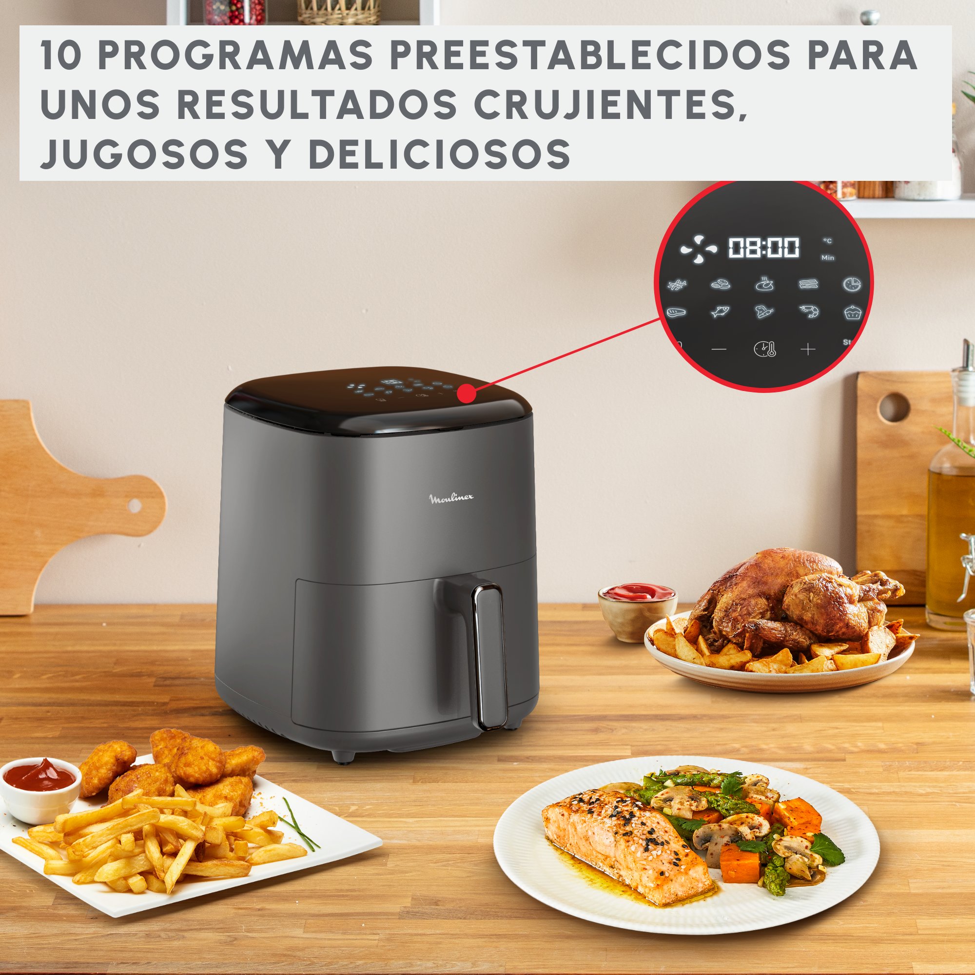 Una freidora de aire con comida en el plato. Texto: 10 programas preestablecidos. Pollo frito y verduras en platos.