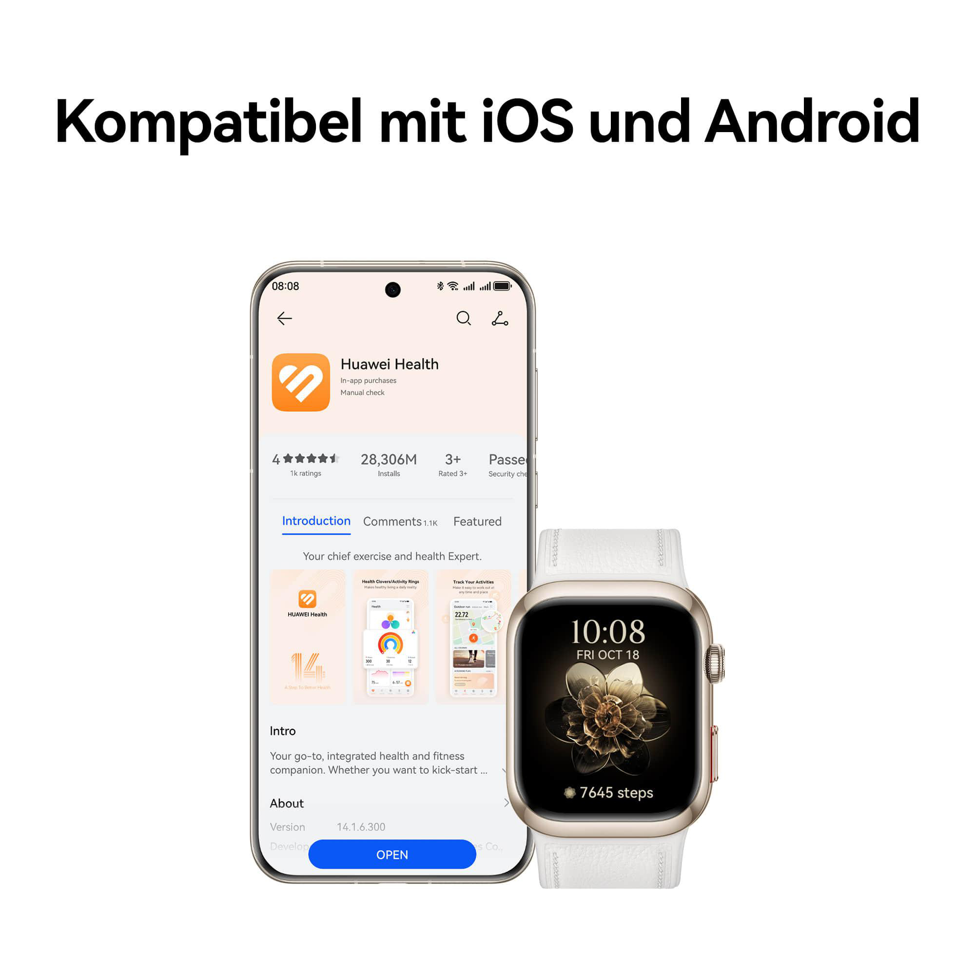 Smartphone mit Huawei Health App und goldener Smartwatch auf weißem Hintergrund. Text: Kompatibel mit iOS und Android.