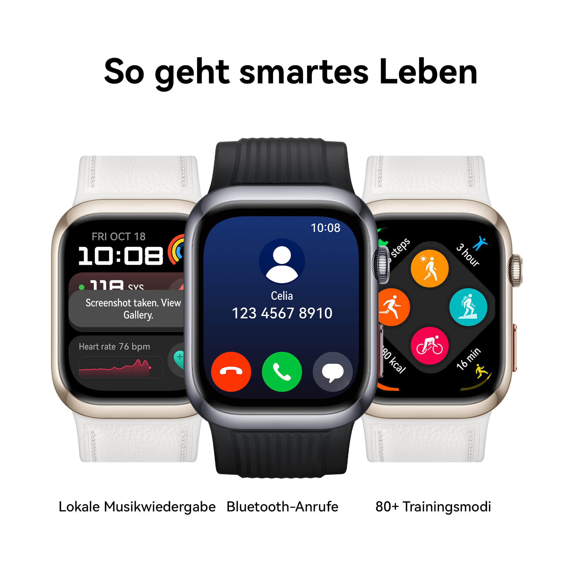 Drei Smartwatches mit unterschiedlichen Oberflächen, weißen und schwarzen Armbändern, und weißem Hintergrund.