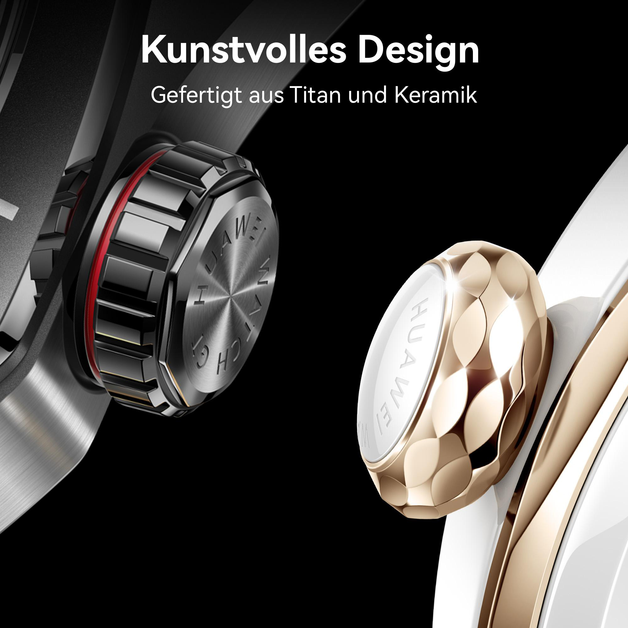 Nahaufnahme eines goldenen Zifferblatts und eines schwarzen Zifferblatts, mit dem Text 'HUAWEI WATCH' auf schwarzem Hintergrund.