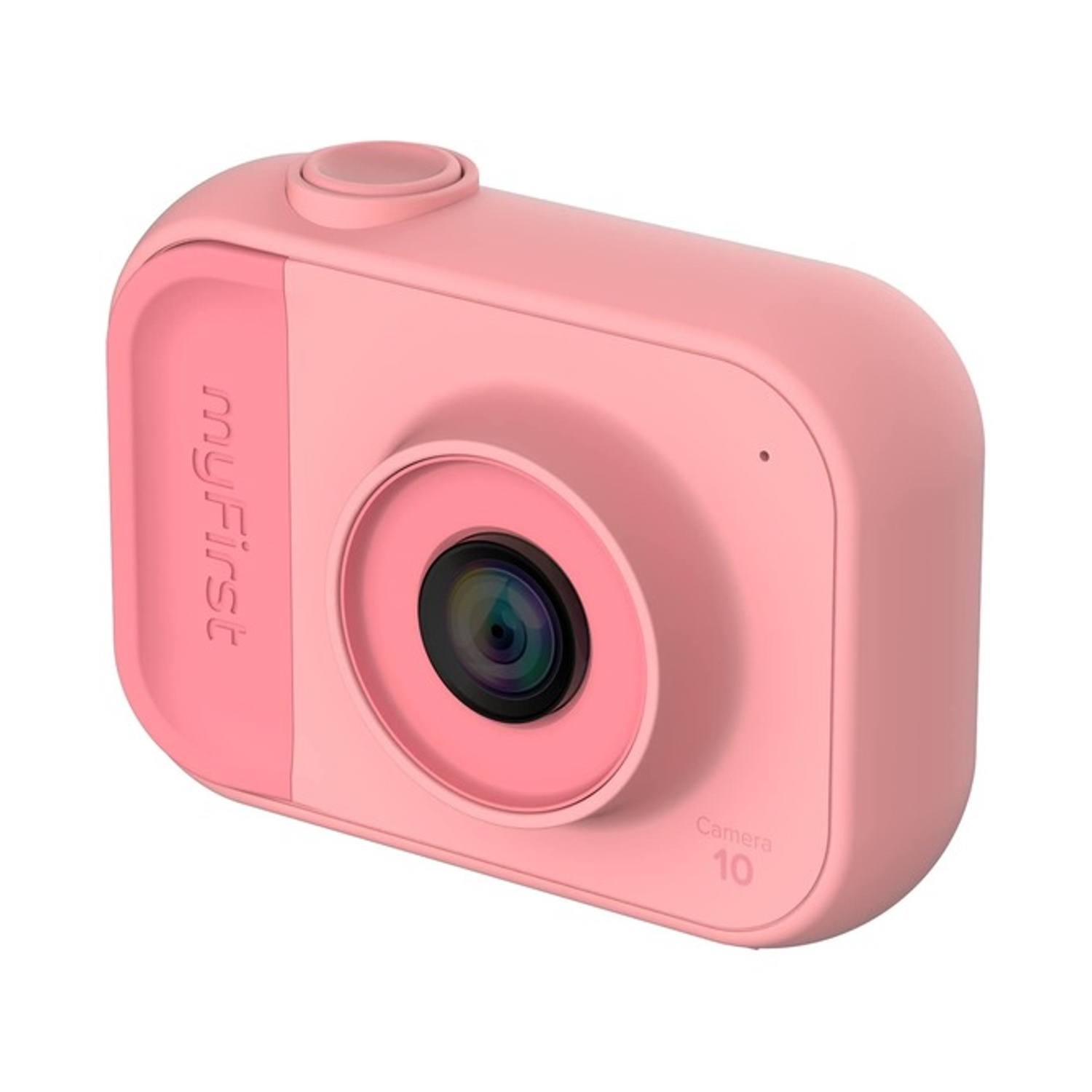 Una fotocamera rosa per bambini con un grande obiettivo e un pulsante rosa in alto.