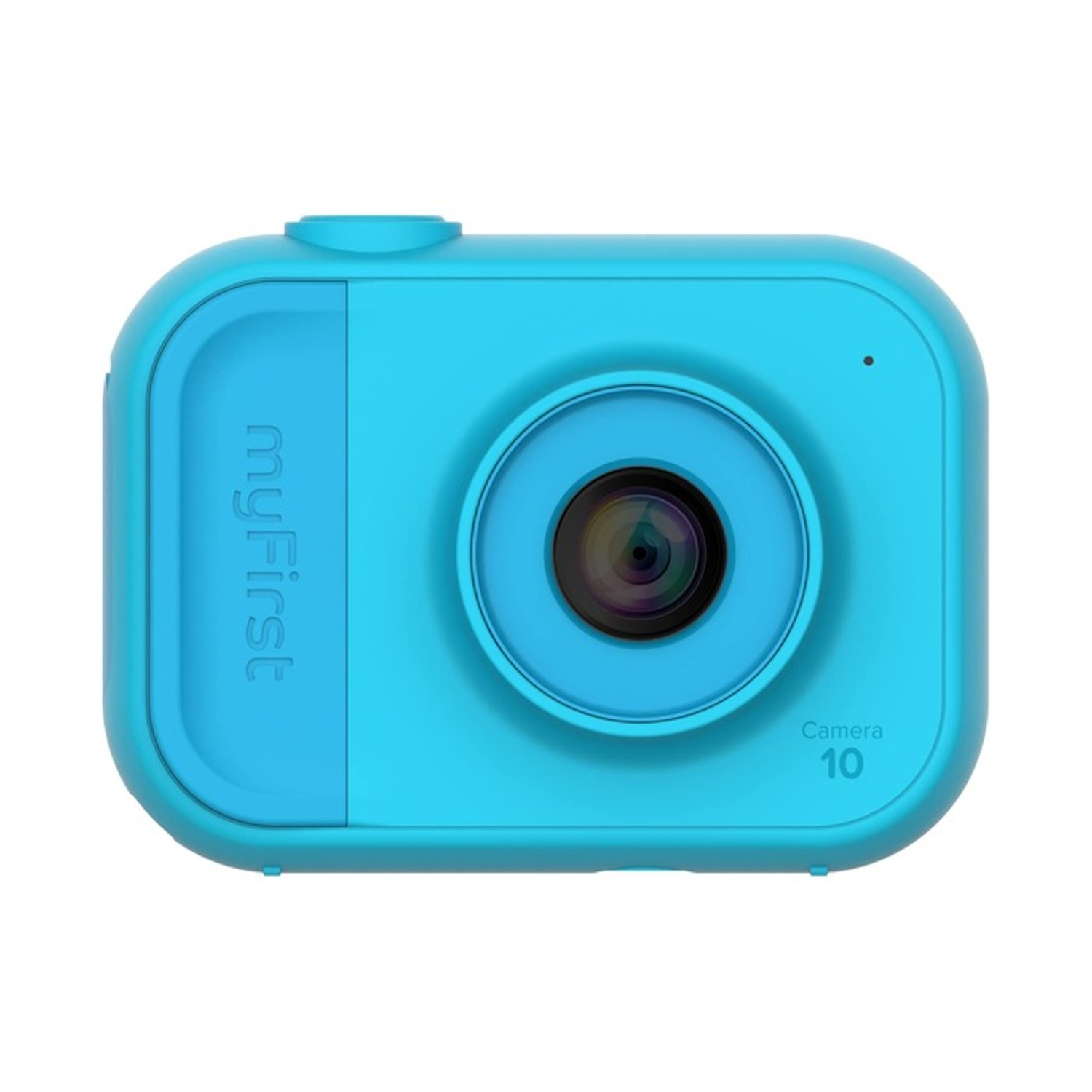 Fotocamera giocattolo blu. Ha un obiettivo e un pulsante di accensione. Il marchio myFirst è stampato su di essa.