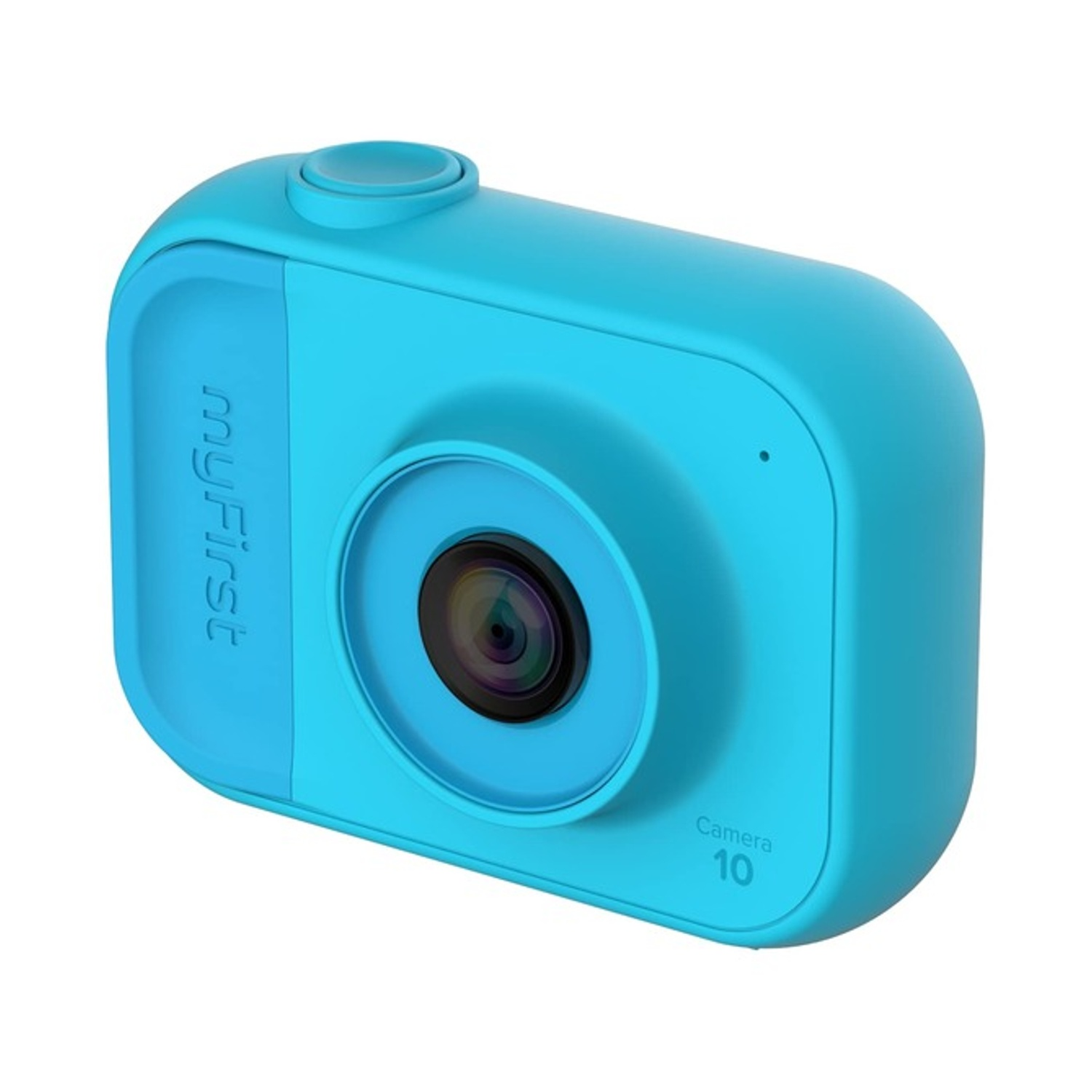 Fotocamera blu con lente nera, pulsante blu e scritte 'myFirst camera 10'.