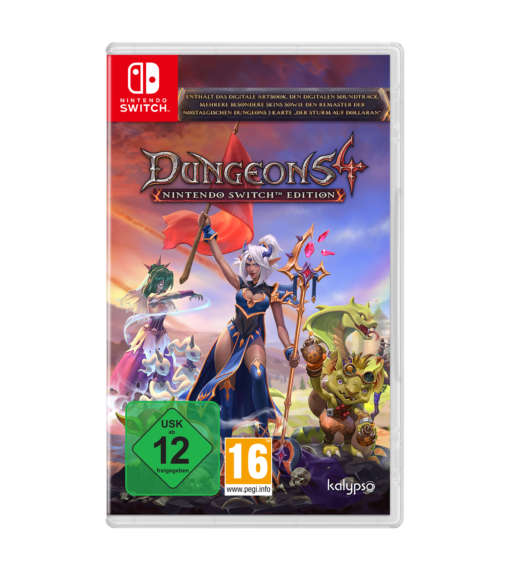 Spielbox für Dungeons 4 auf Nintendo Switch, mit Fantasy-Artwork.