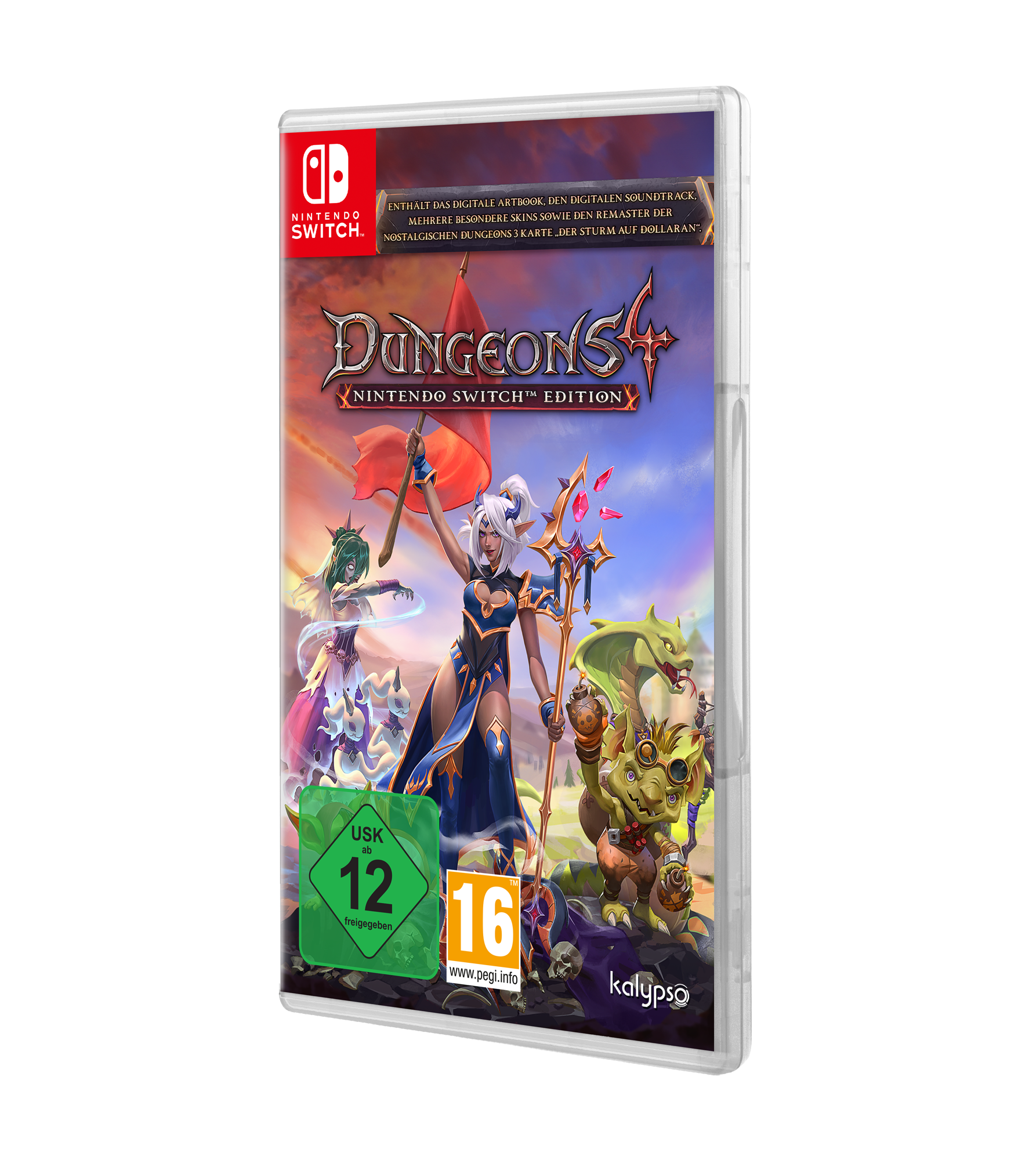 Nintendo Switch Spielbox: Dungeons 4, mit bunten Charakteren und Logo.