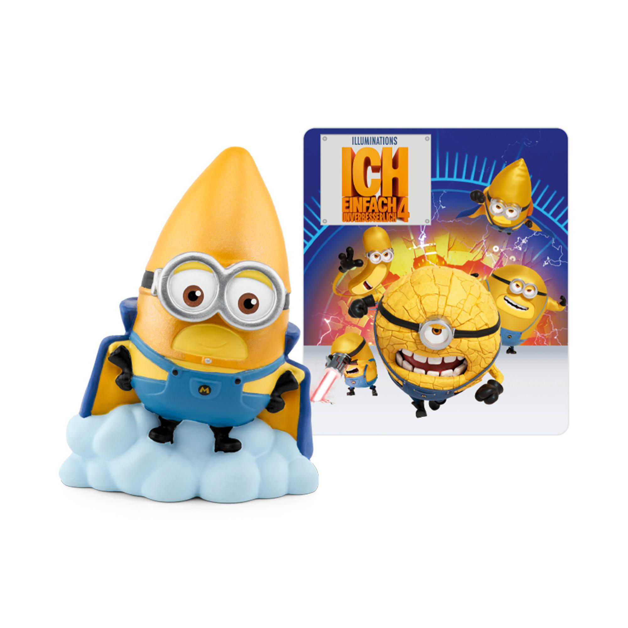 Eine Minion-Figur mit Umhang steht auf einer Wolke. Im Hintergrund befindet sich eine Karte mit anderen Minions.
