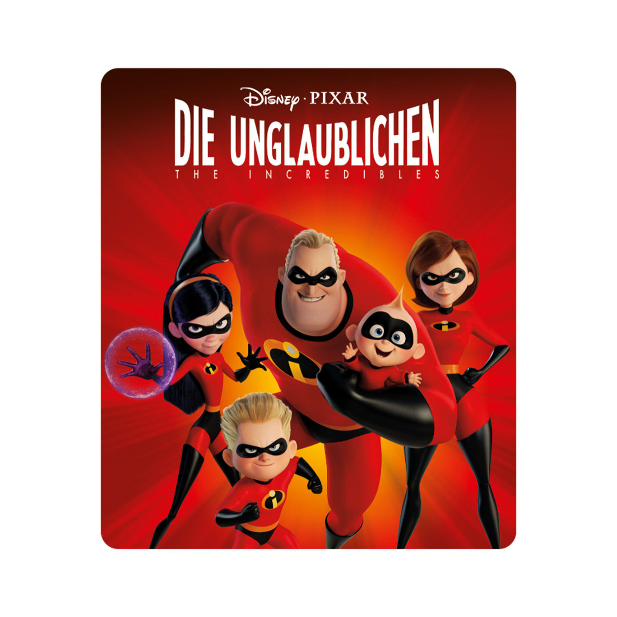Das Cover des Films Die Unglaublichen. Figuren sind die Familie, rote Anzüge, schwarze Masken.