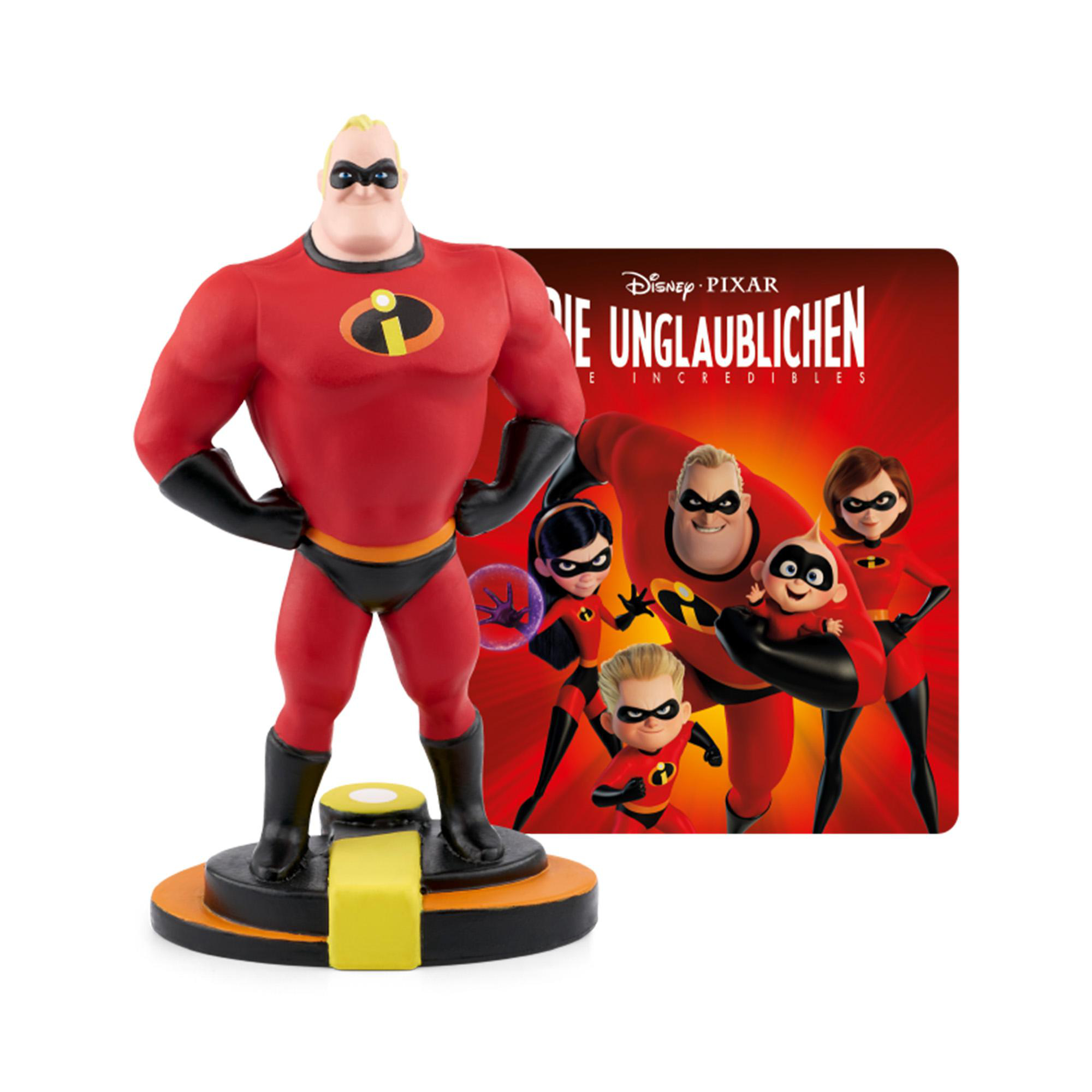Incredibles-Figur von Mr. Incredible mit einer Karte der Familie dahinter.