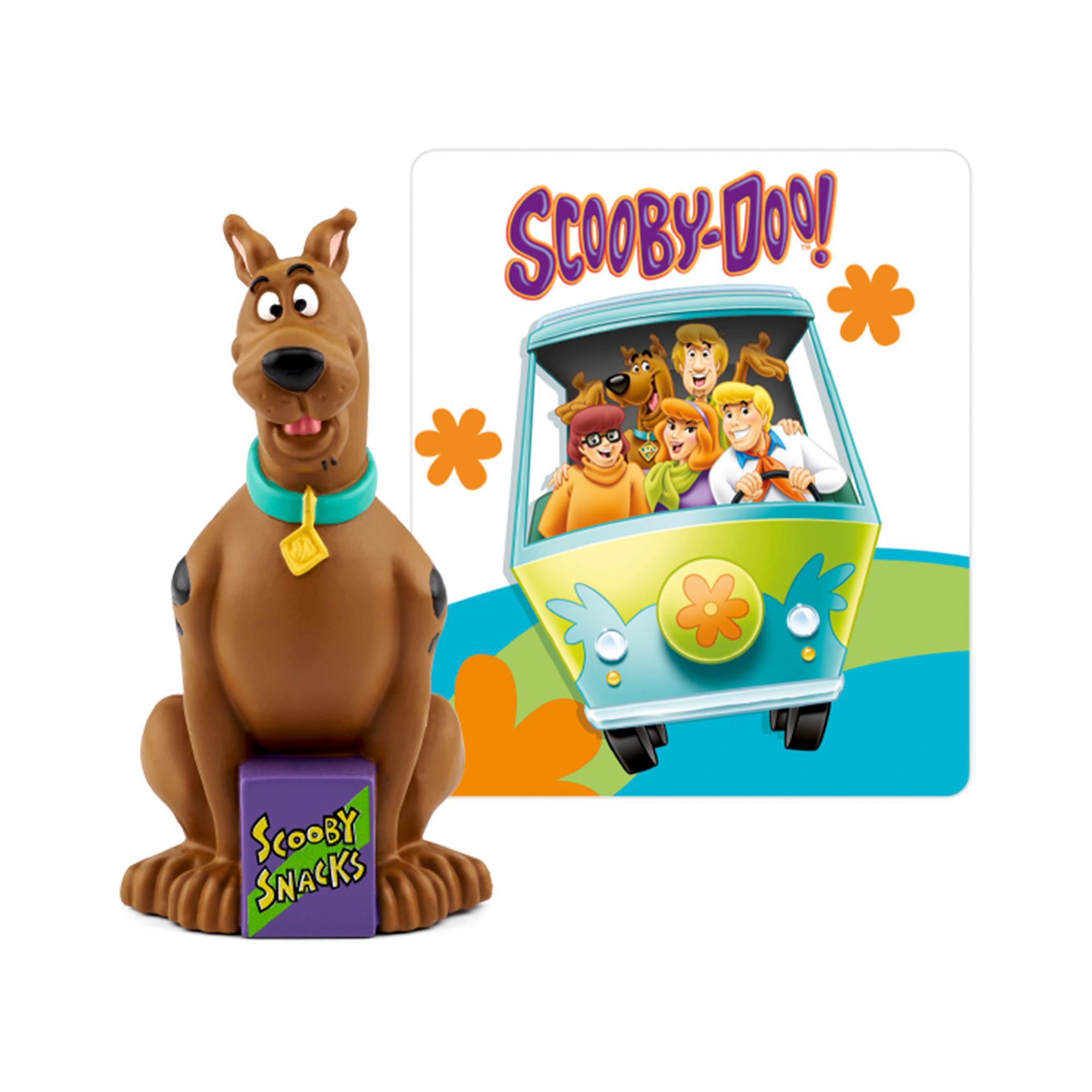 Scooby-Doo-Spielfigur und Grafik, die die Mystery Machine mit der Bande zeigt.