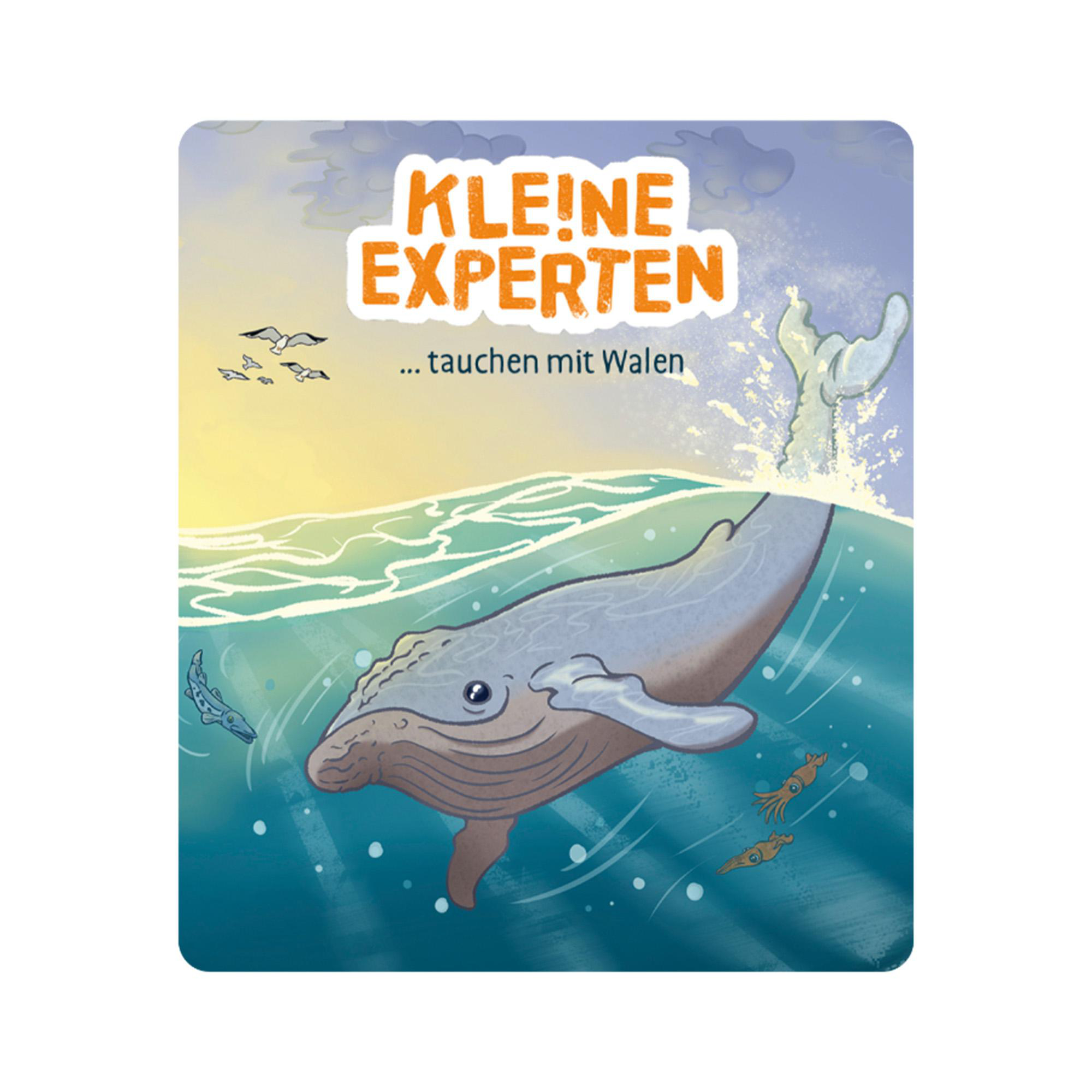 Ein Cartoon von einem Wal, der unter Wasser schwimmt, mit kleinen Fischen. Im Hintergrund ist eine Sonne zu sehen.