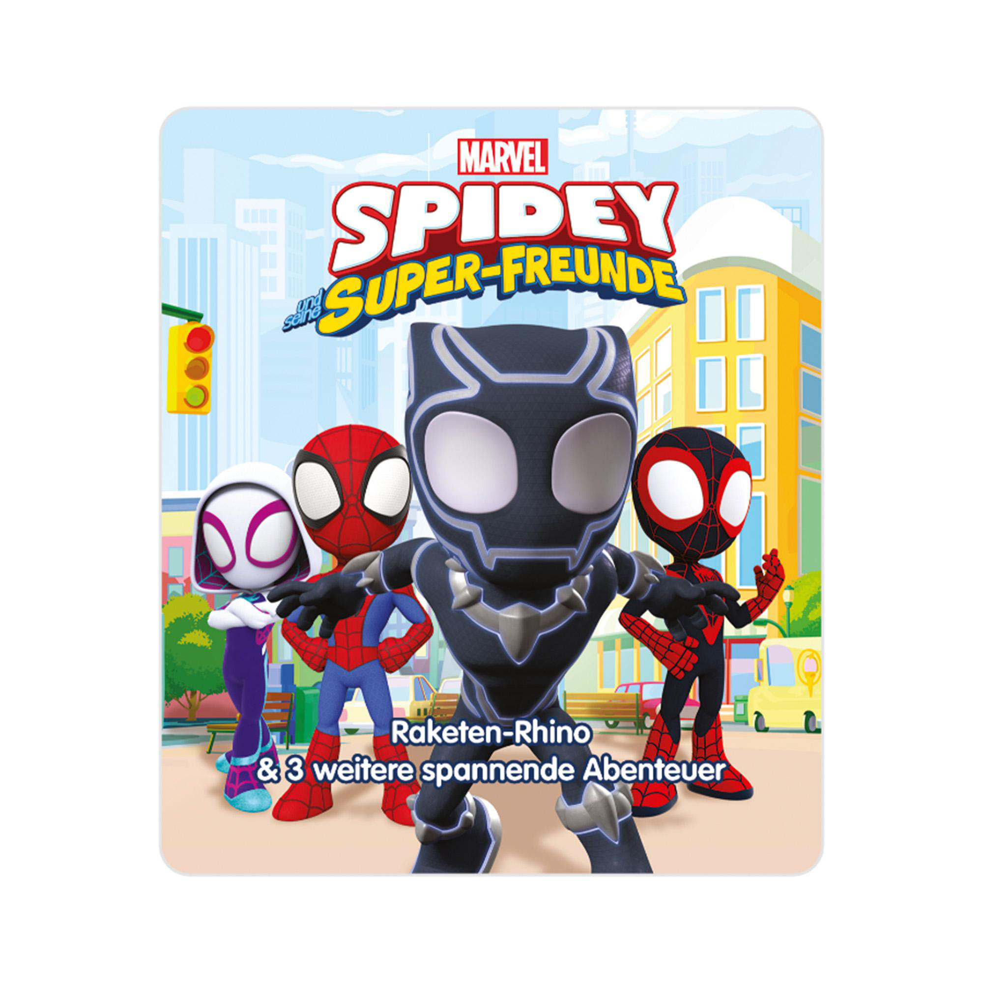 Marvel Spidey und seine Super-Freunde Cover. Zeigt Spidey, Ghost-Spider, Black Panther und Miles Morales.