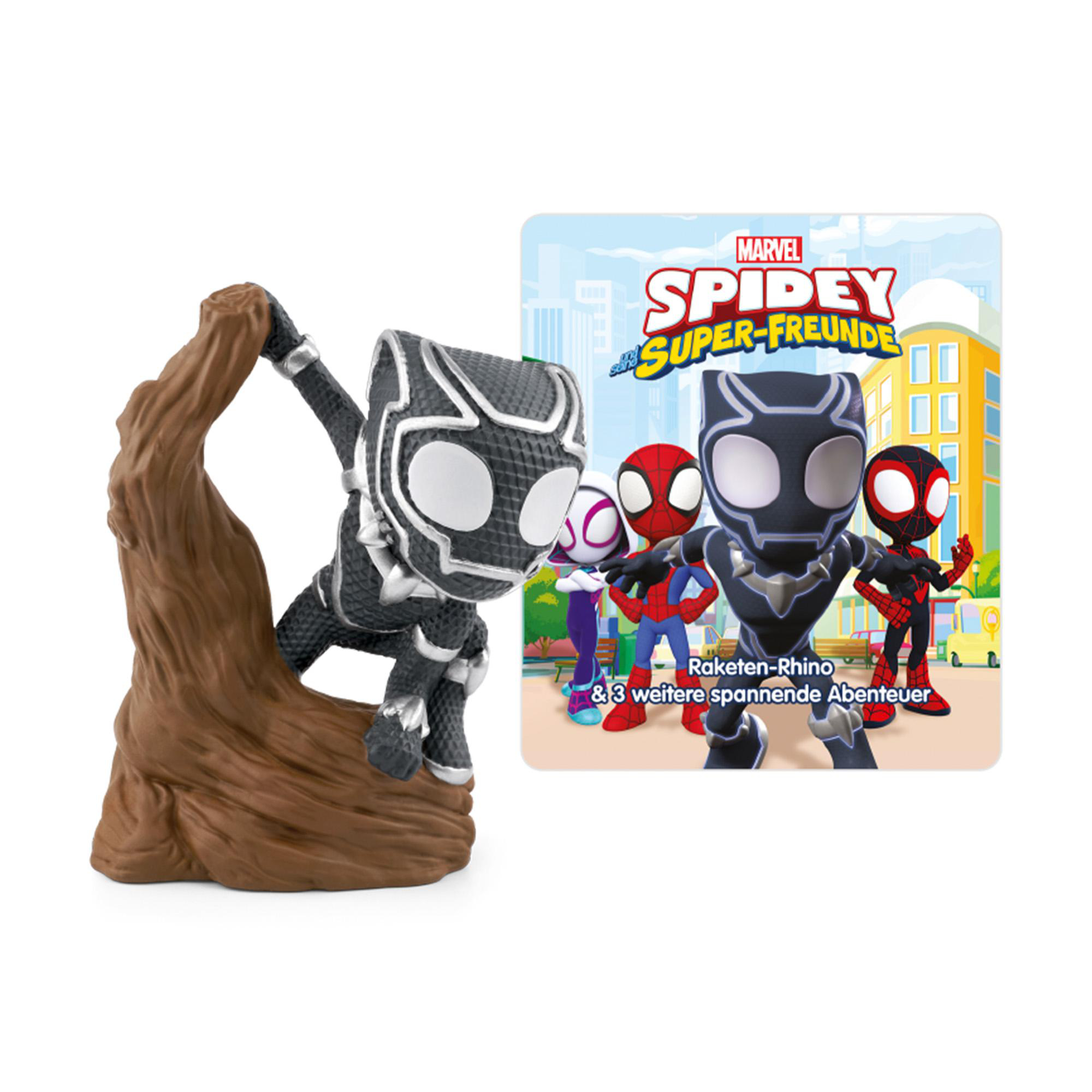 Eine Black Panther-Figur auf einem Baumstamm, ein Buchcover mit Spidey und Freunden.