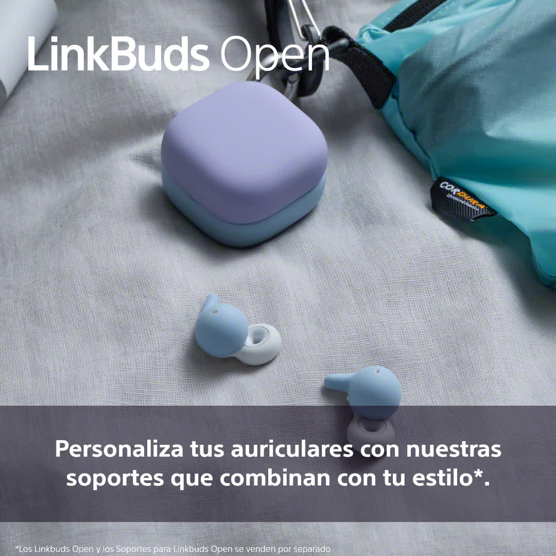 Dos auriculares azules y morados claros y un estuche en una bandeja moteada, con texto debajo.