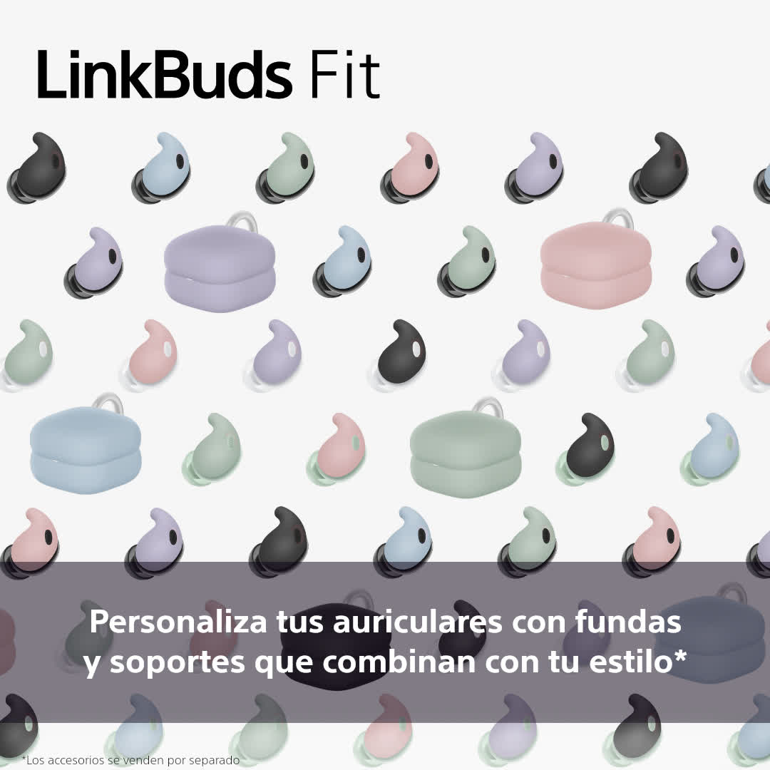 Auriculares y estuches de carga de diferentes colores con texto en español, promoviendo la personalización.