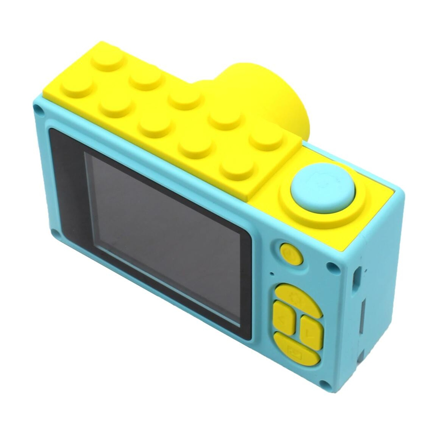 Fotocamera giocattolo blu e gialla, progettata come mattoncini Lego. La fotocamera ha uno schermo sul retro.