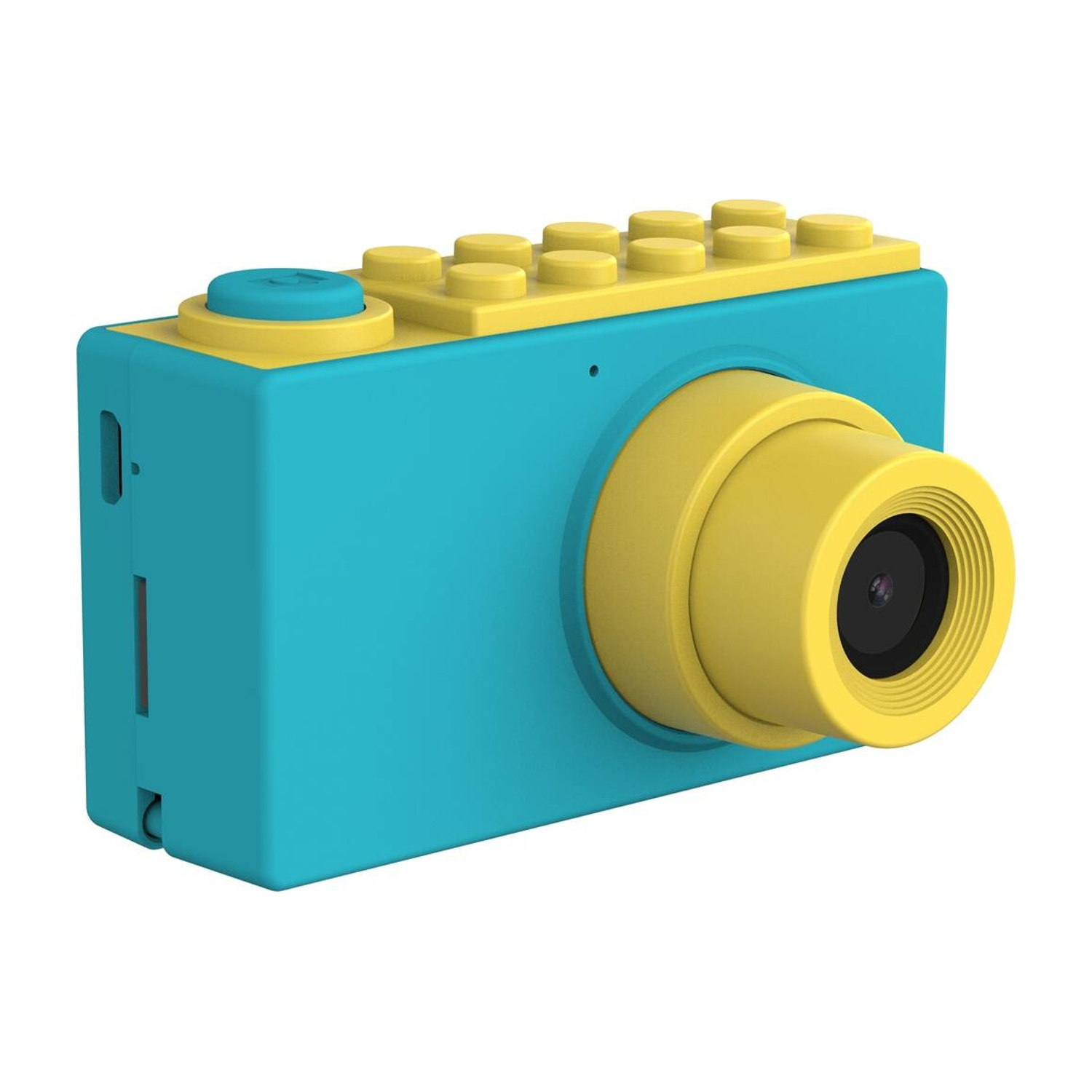 Una fotocamera giocattolo nei colori blu e giallo. Ha un obiettivo e dei pulsanti sulla parte superiore. Sfondo bianco.