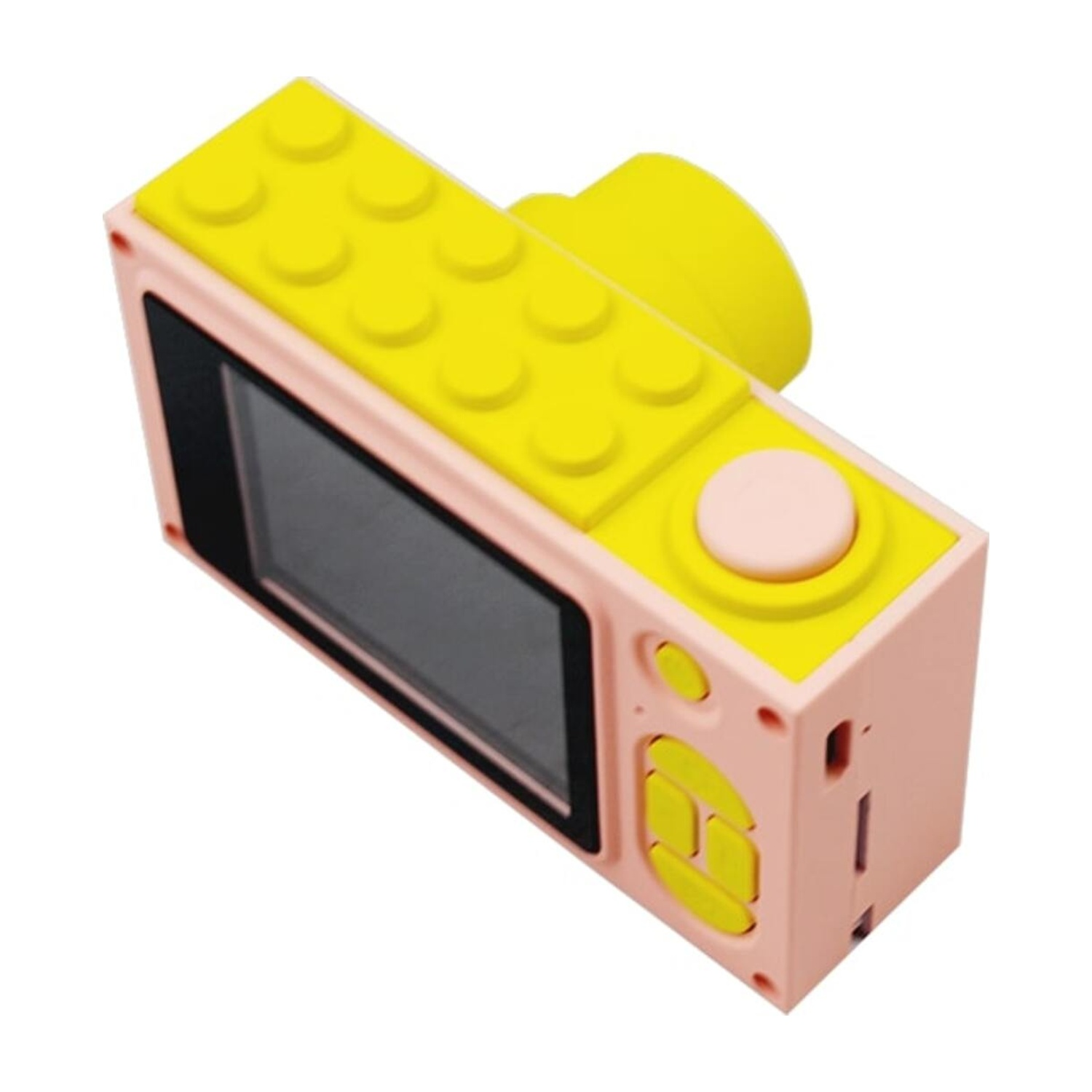 Fotocamera giocattolo rosa e gialla con schermo.