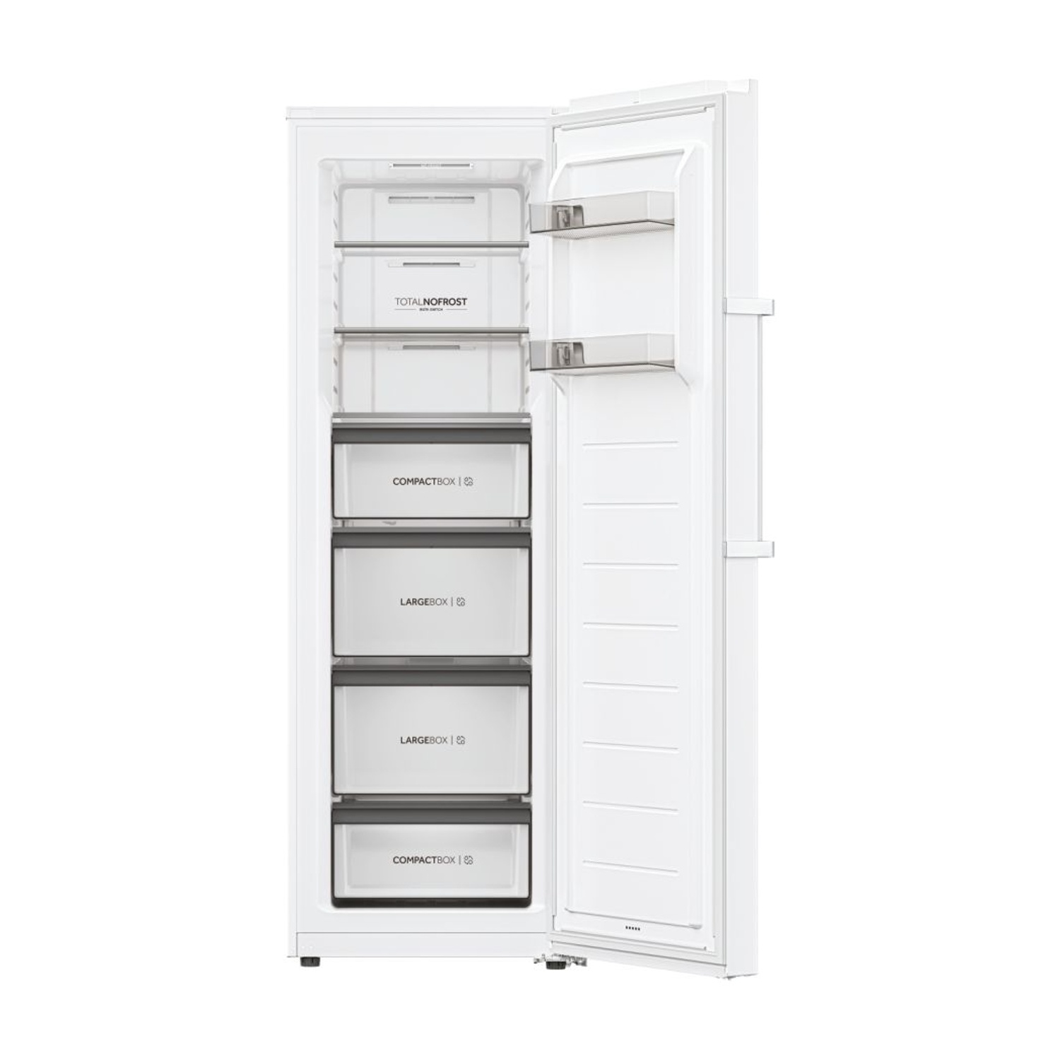 Frigorifero bianco con porta aperta. All'interno, cassetti visibili, etichettati TOTALNOFROST, ecc.