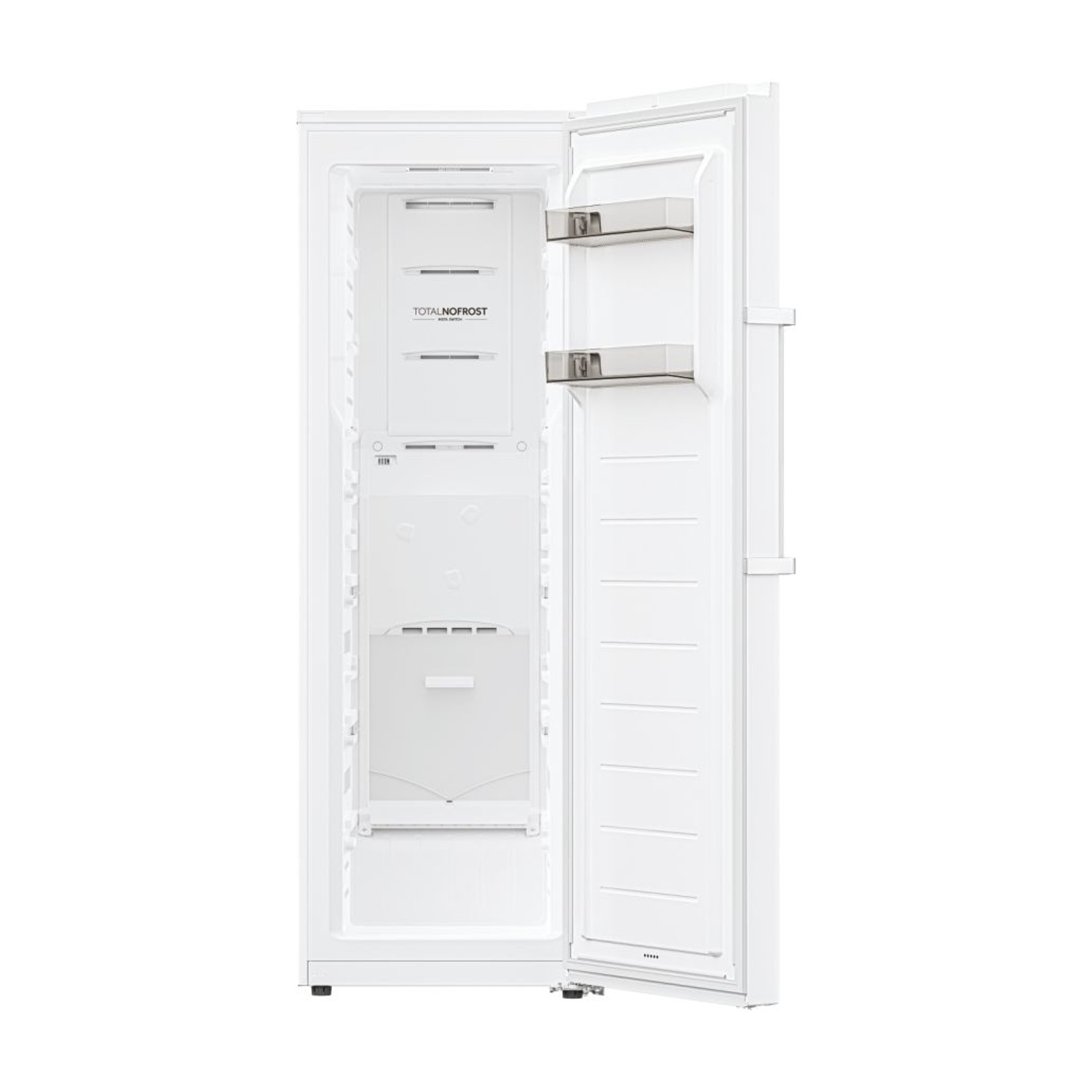 Un frigorifero bianco con la porta aperta, che mostra l'interno con i ripiani.