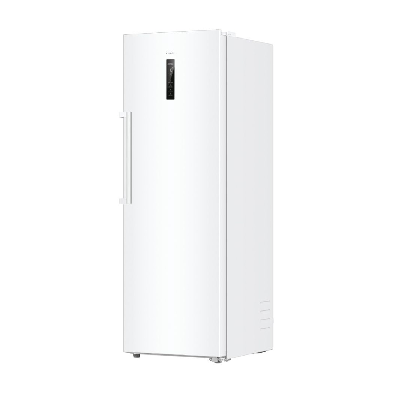 Frigorifero Haier bianco, alto, porta singola, verticale, isolato su sfondo bianco.