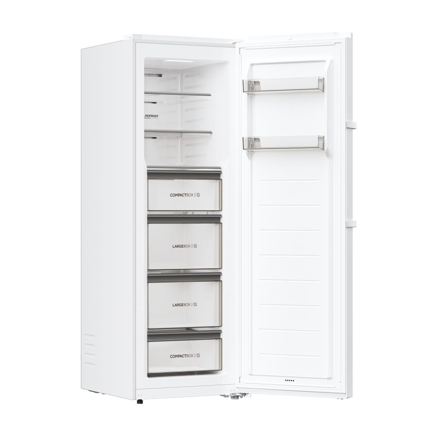 Frigorifero bianco con porta aperta, che mostra ripiani e cassetti.
