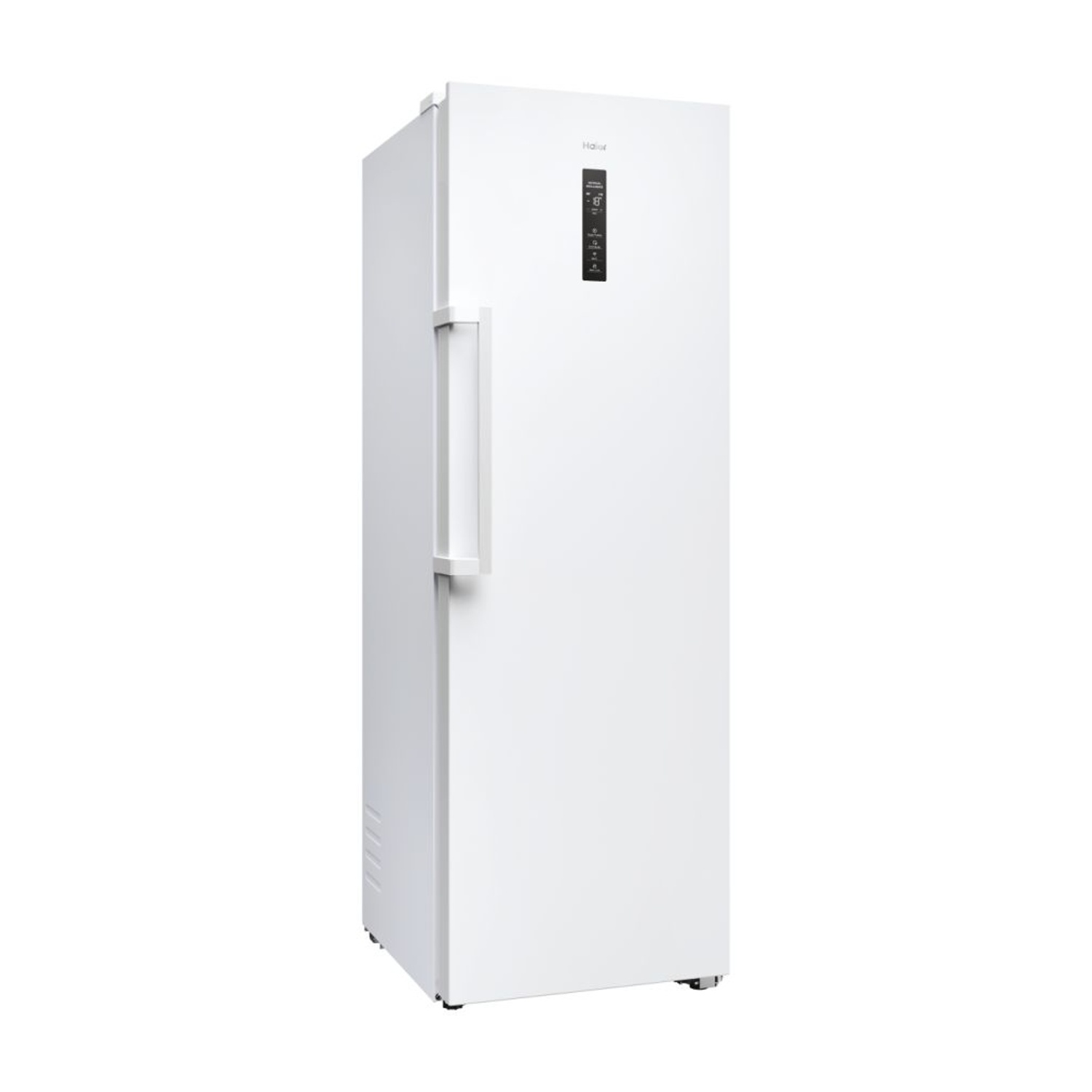 Frigorifero bianco con maniglia. Un display nero è sulla porta.