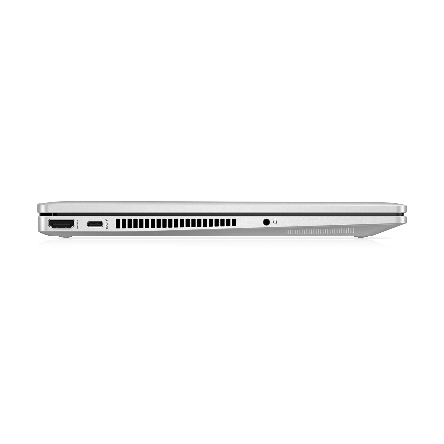 Vista laterale del laptop. Colore argento, con porte e prese d'aria visibili. Un design elegante e minimalista.