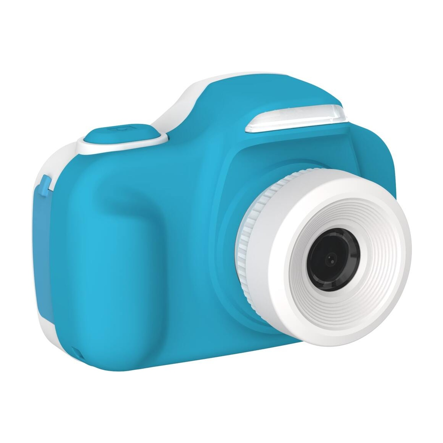 Una fotocamera giocattolo blu e bianca con un obiettivo grande.