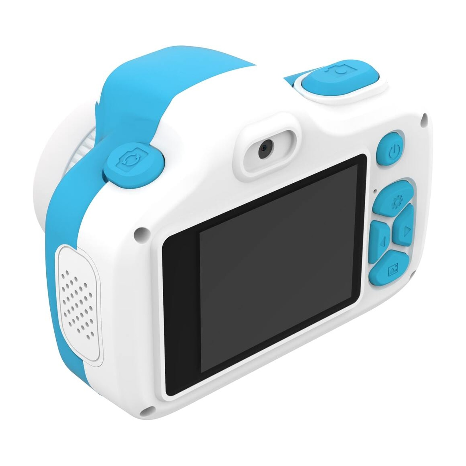 Una fotocamera digitale blu e bianca con schermo nero, su sfondo bianco.