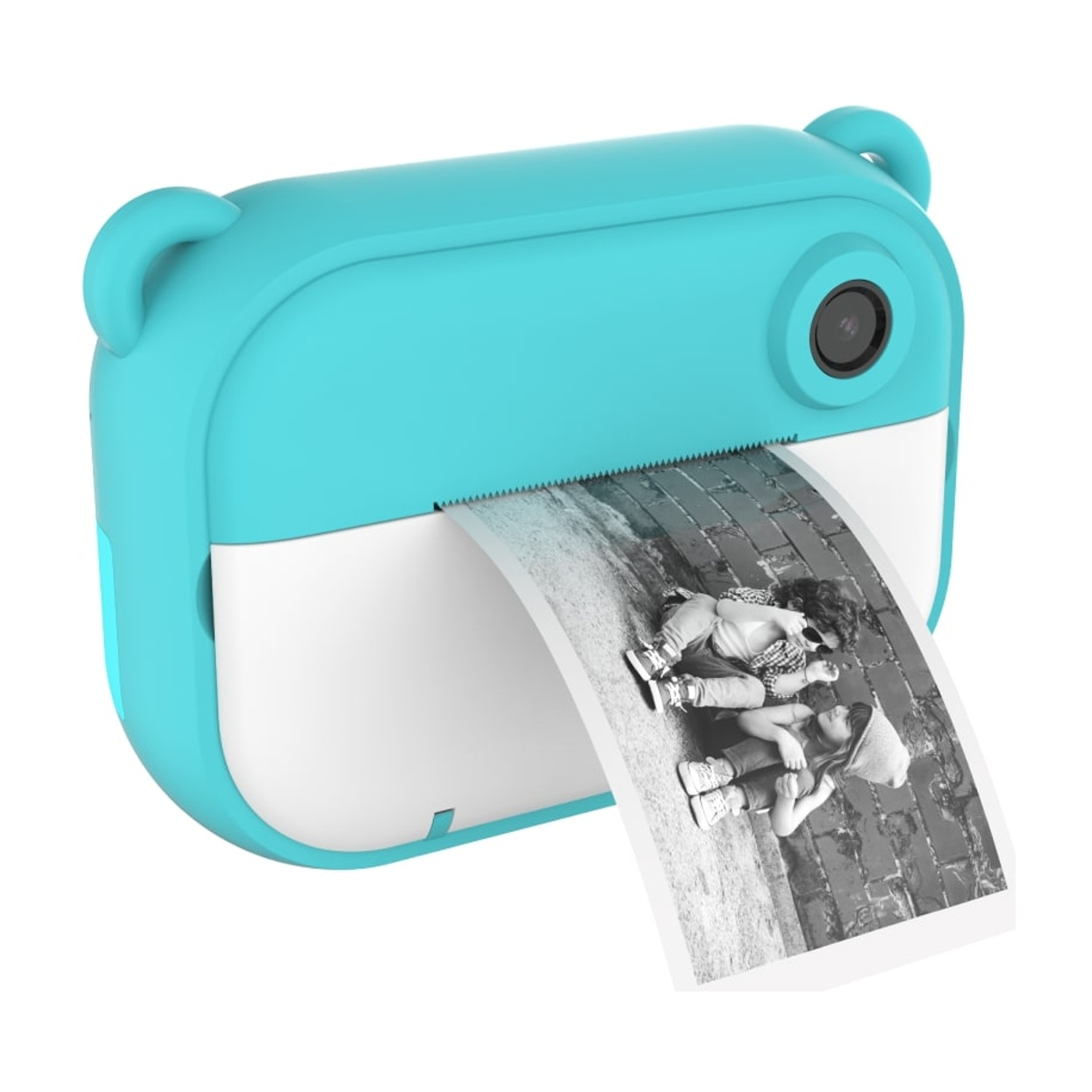 Una fotocamera istantanea turchese e bianca che stampa una foto in bianco e nero di due bambini.