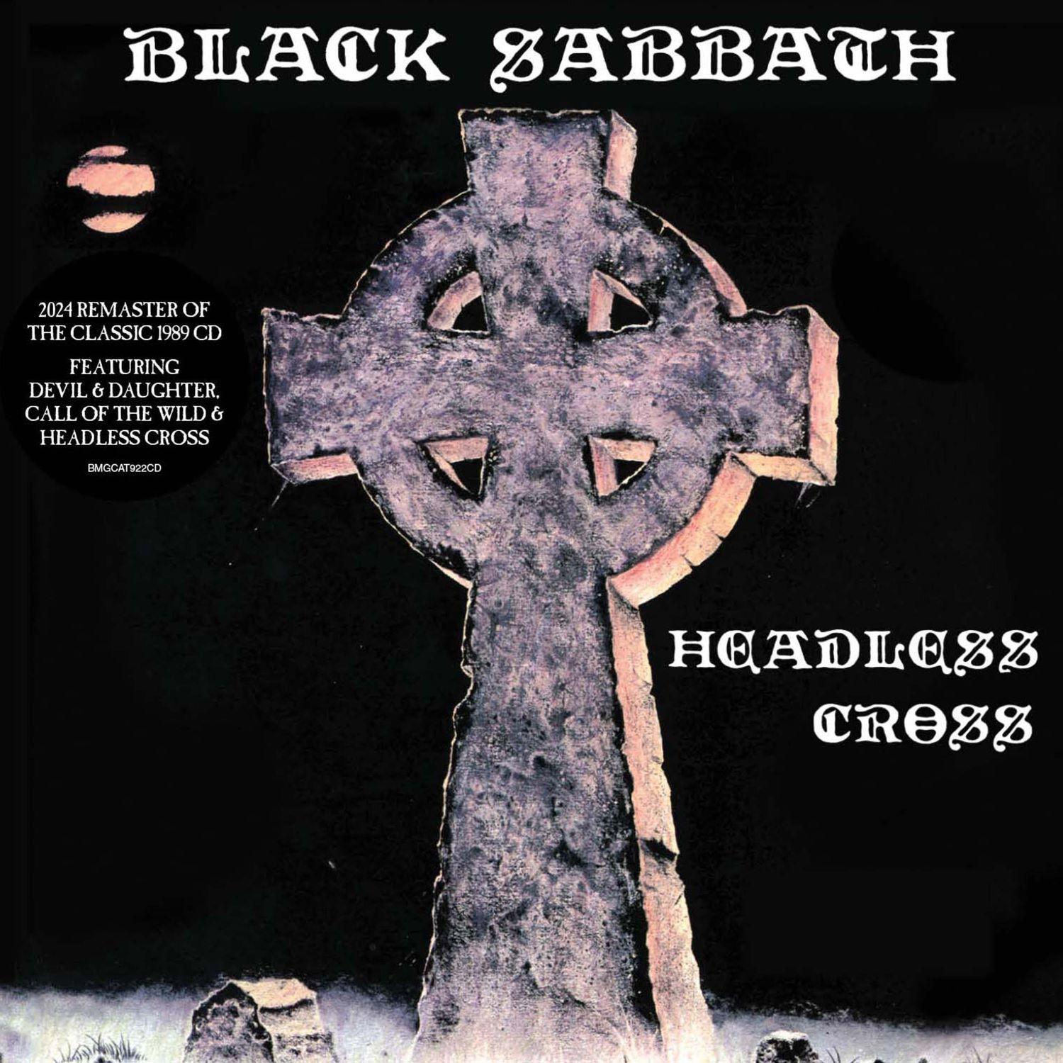 Albumhoes: Een stenen kruis op zwarte achtergrond. Titel 'Headless Cross' van Black Sabbath.