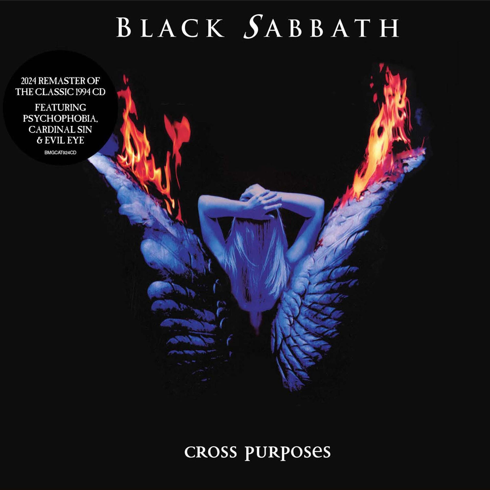 Pochette de l'album Black Sabbath avec une figure ailée et des flammes.